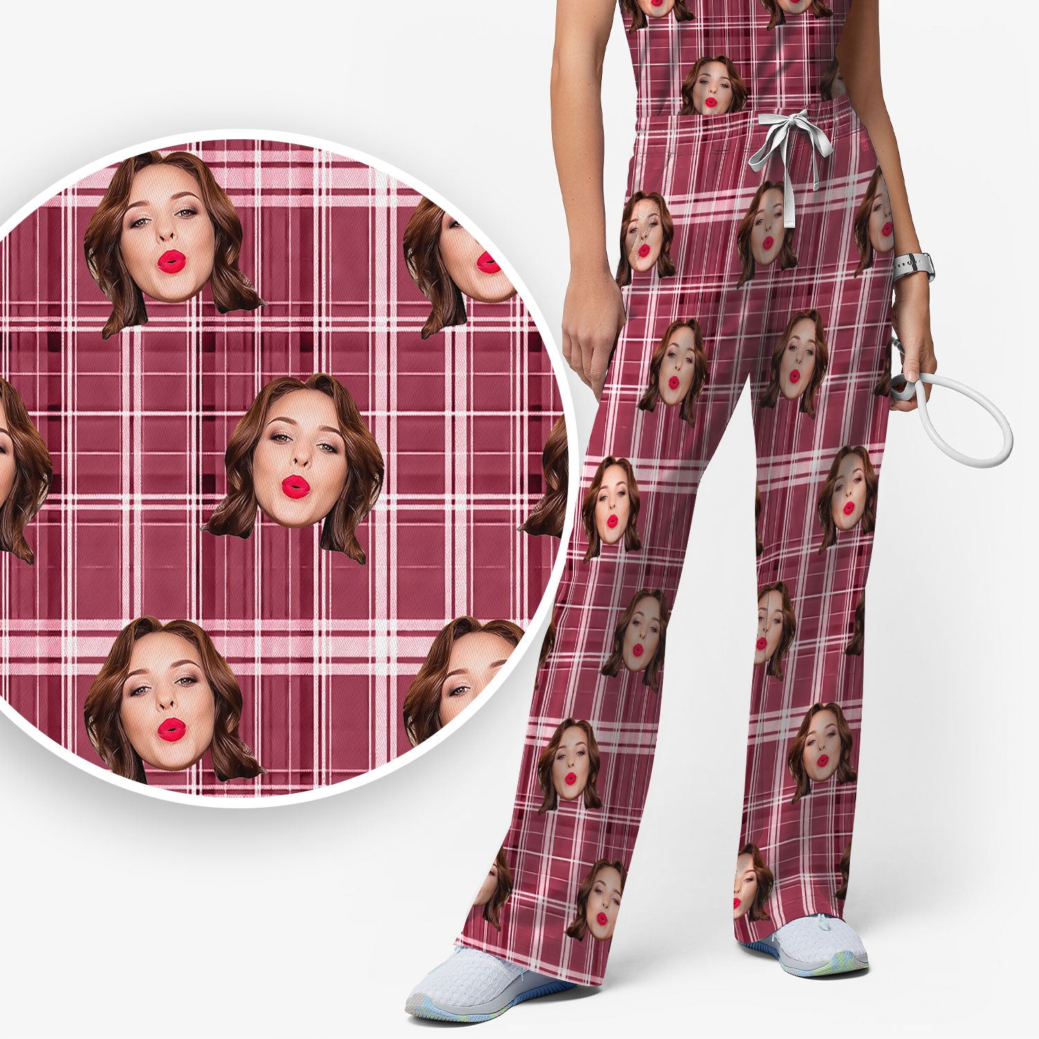 Personalized Funny Face Plaid Scrub Set, Custom Photo Pattern Medical Uniform For Nurses, Breathable Fabrics Nursing Uniform