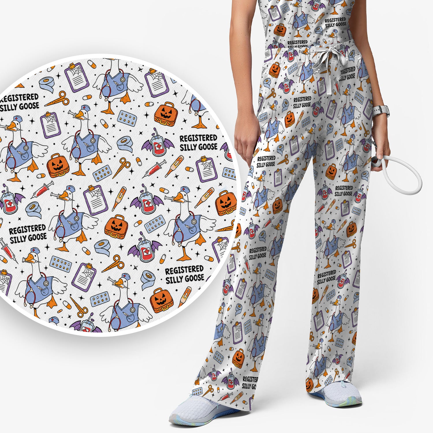 Funny Halloween Registered Silly Goose Scrub Set, Scrub Pants and V Neck Top