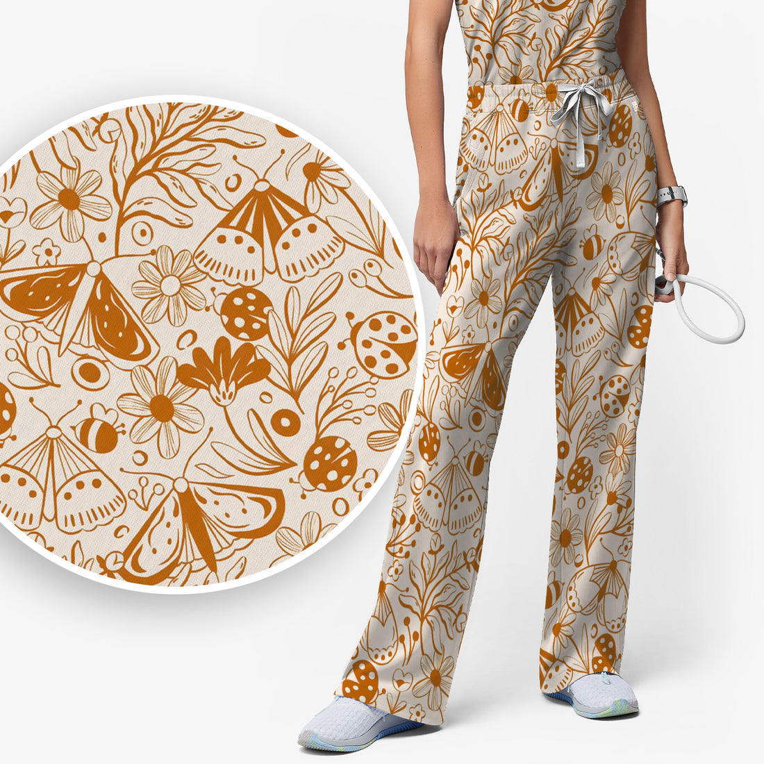 Butterfly Ladybug Floral Garden Pattern Scrub Set, Scrub Pants and V Neck Top
