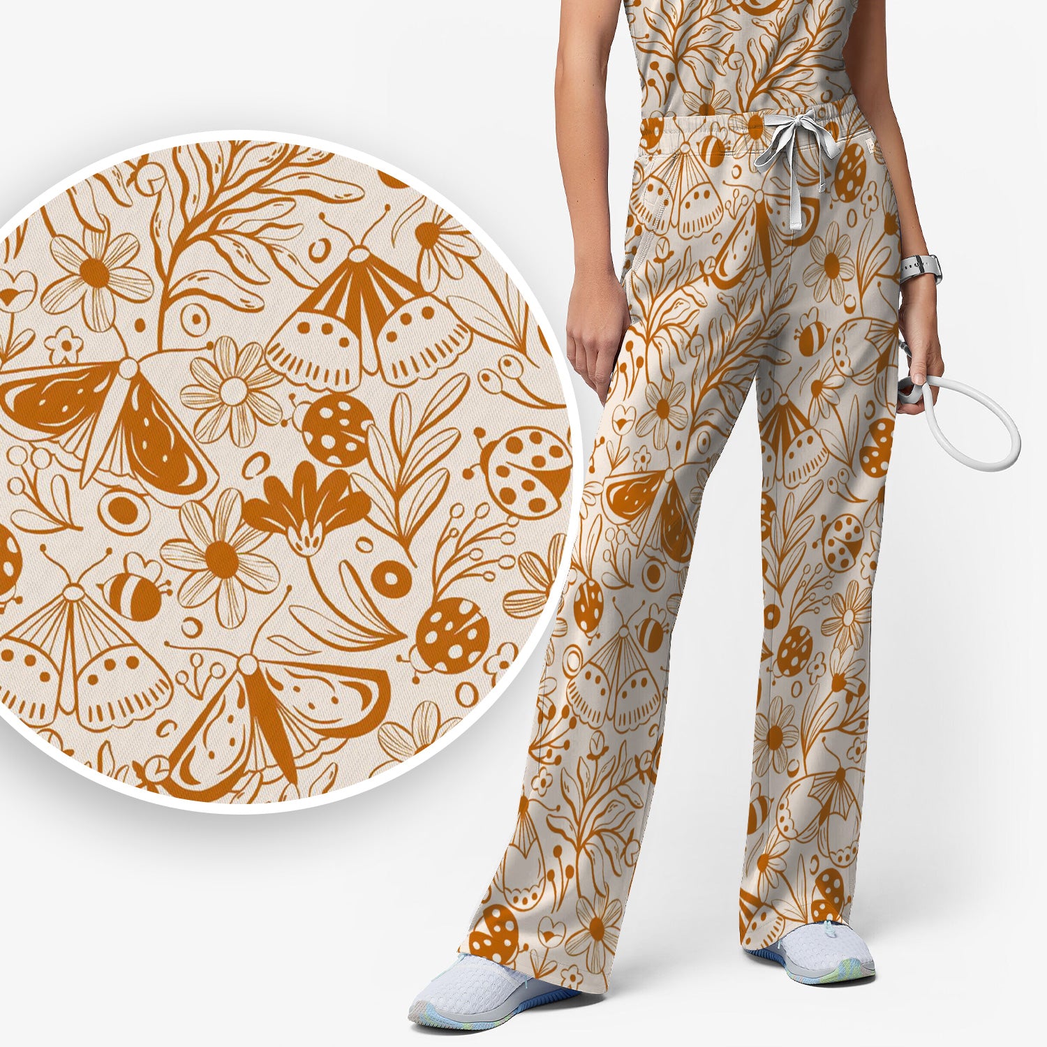 Butterfly Ladybug Floral Garden Pattern Scrub Set, Scrub Pants and V Neck Top