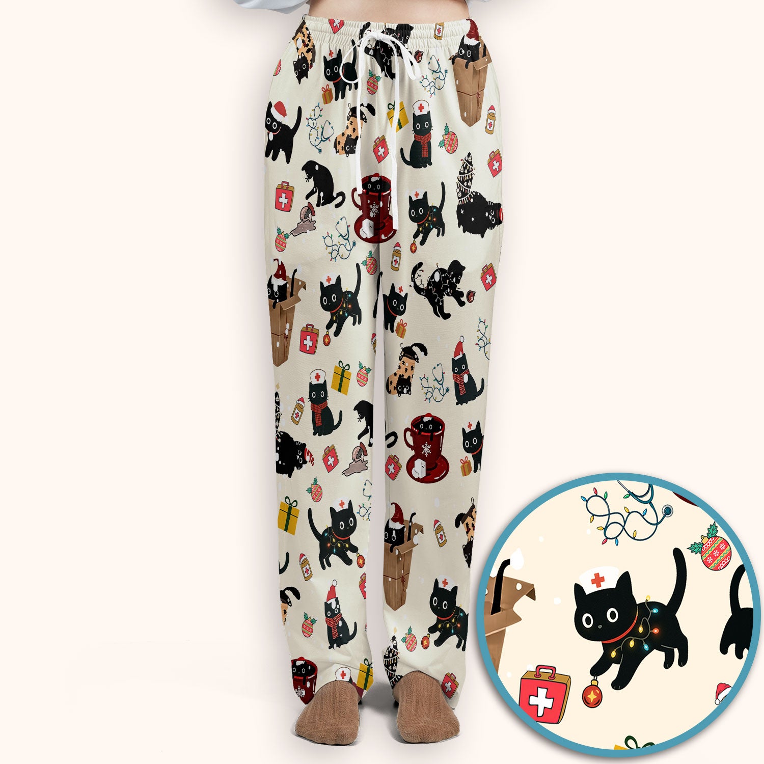 Funny Cat Scrub Sets for Women - Christmas Black Cats Pants and V Neck Top - Breathable Fabrics Nursing Uniform