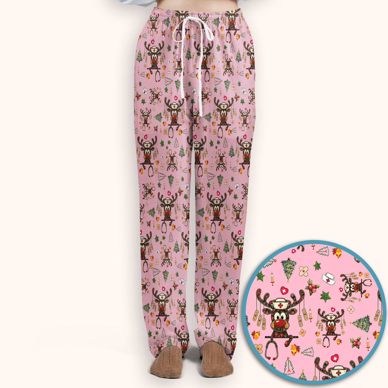 Reindeer Christmas Nurse Scrub Set - Funny Holiday Scrubs Pants and V Neck Top - Cute Medical Uniform for Women