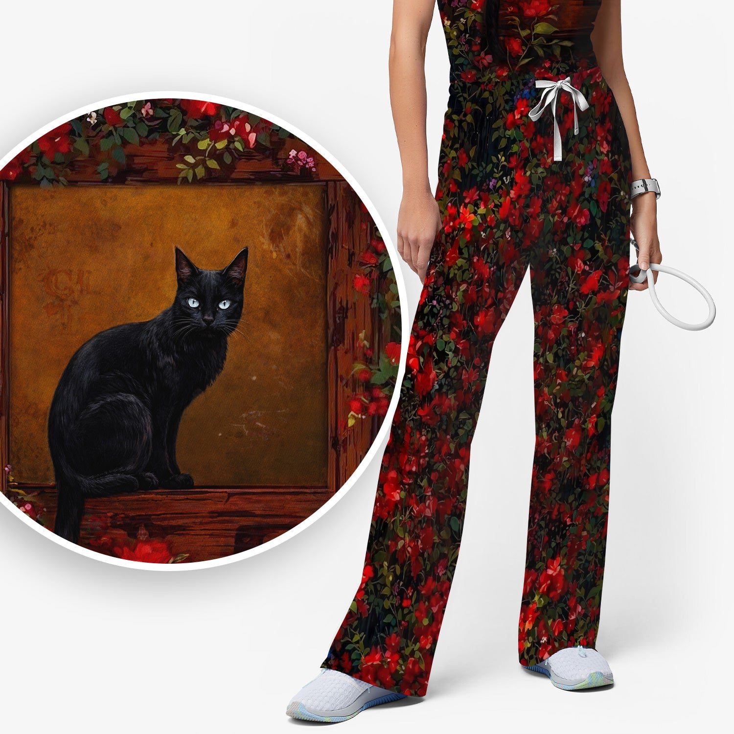Black Cat Sitting By Red Floral Garden Window Scrub Set, Scrub Pants and V Neck Top