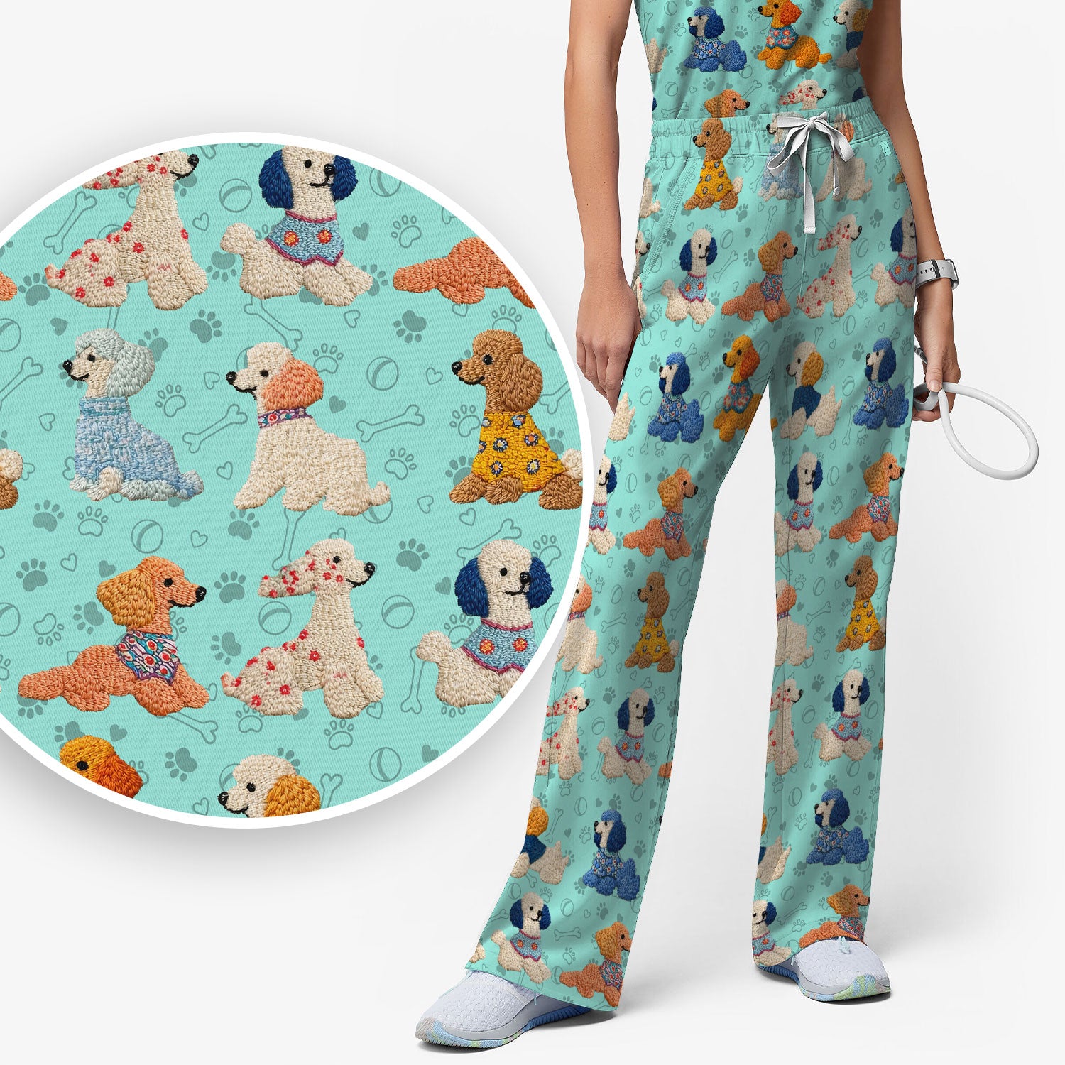 Cute Colorful Poodle Pattern Scrub Set, Scrub Pants and V Neck Top