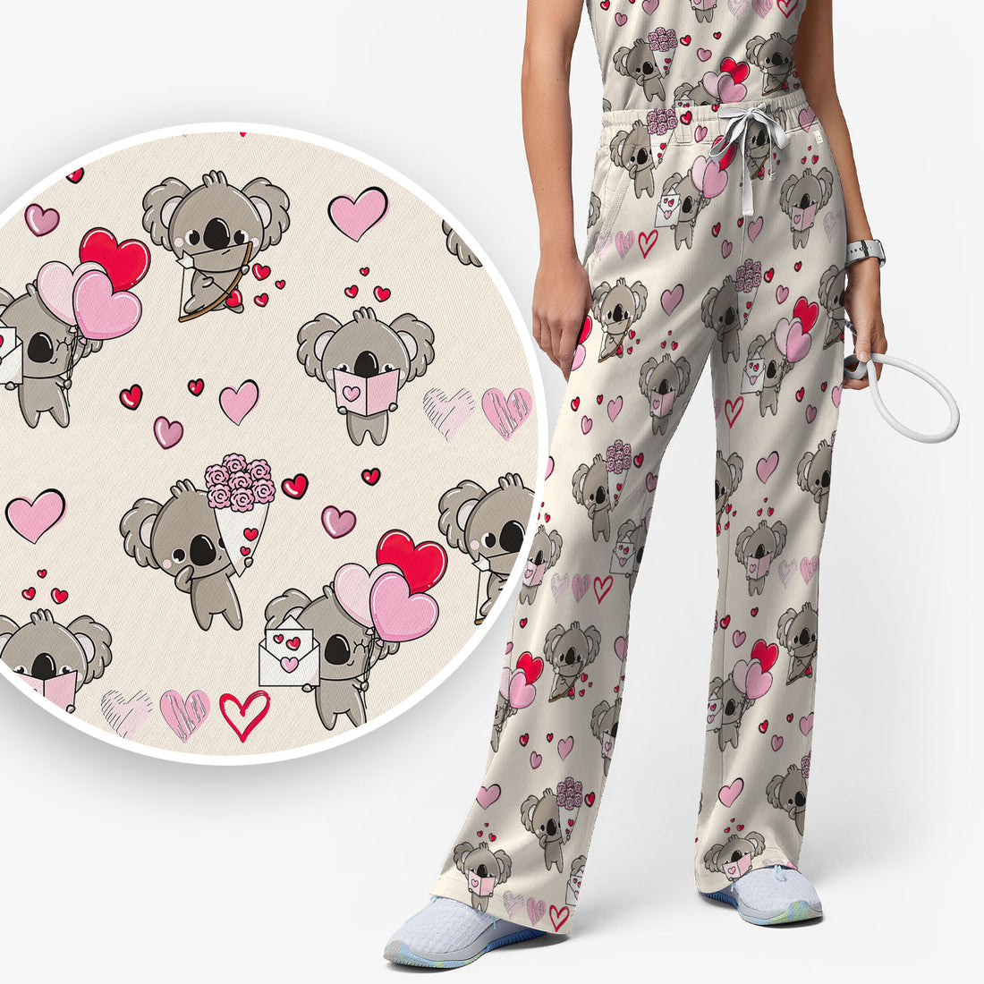 Valentine Koala Holding Flowers Cute Print Scrub, Women's Scrub Sets
