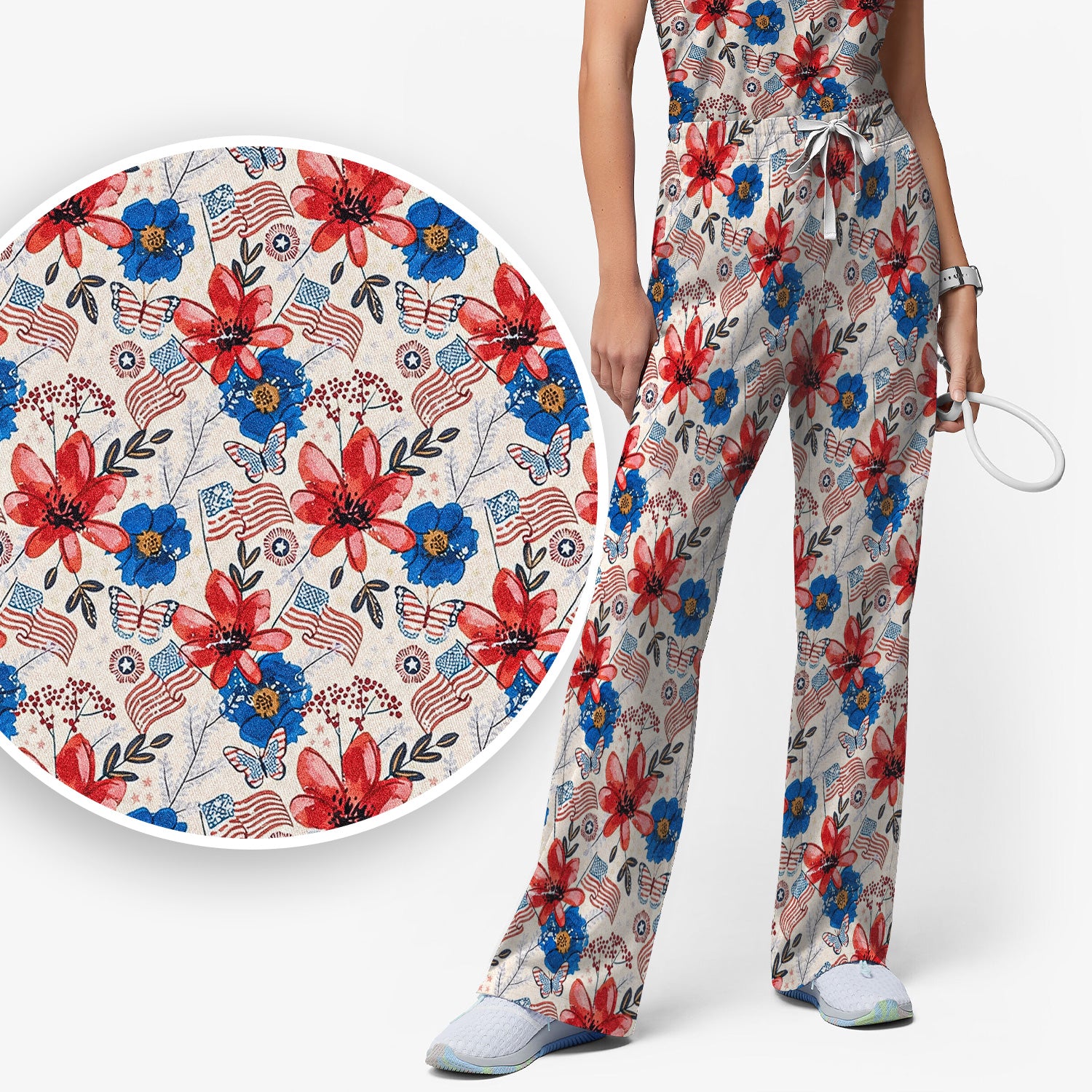 Patriotic Floral Flag Butterfly Pattern Scrub Set, Scrub Pants and V Neck Top