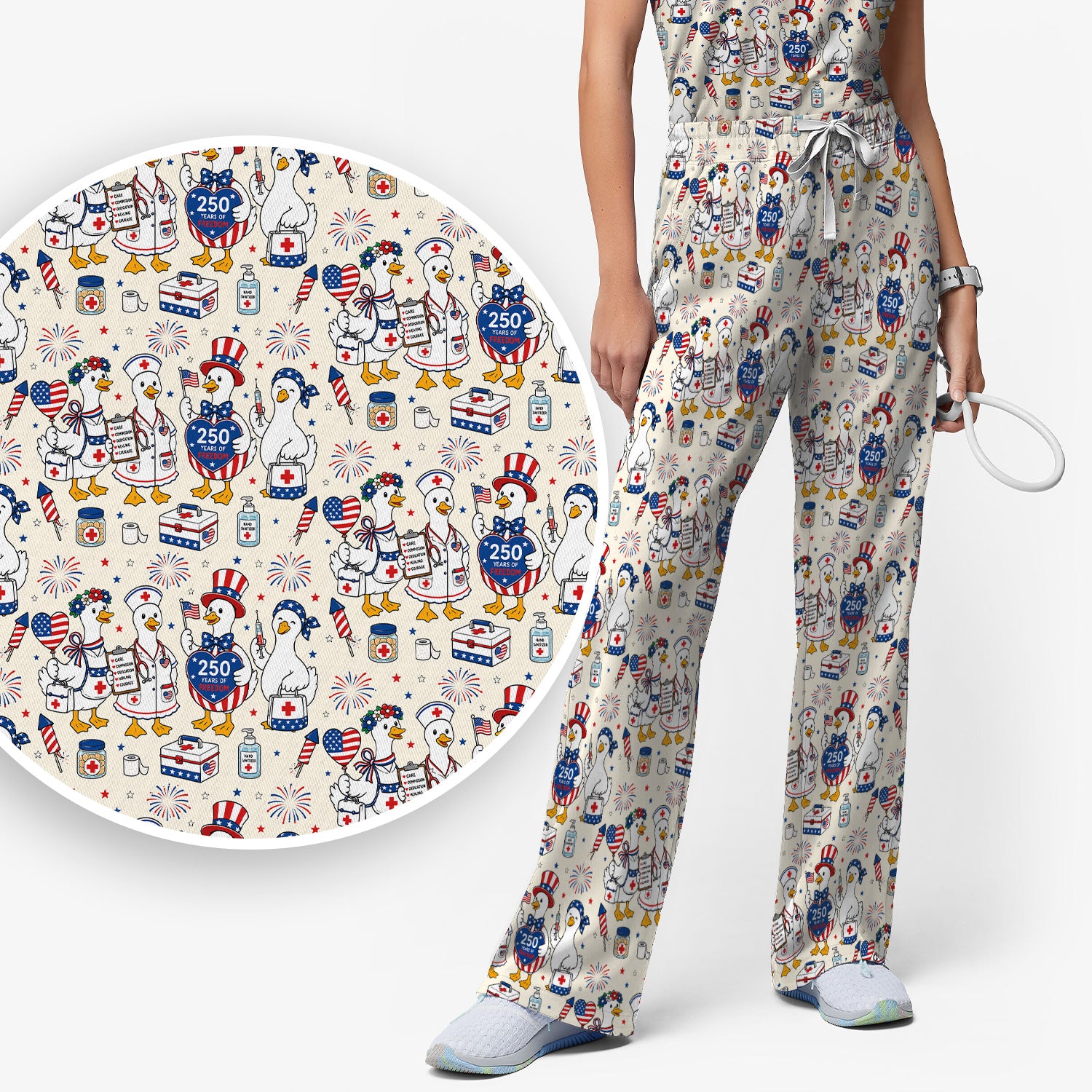 Funny Patriotic Goose Nurse for RN, CNA, Healthcare Workers Scrub Set, Scrub Pants and V Neck Top