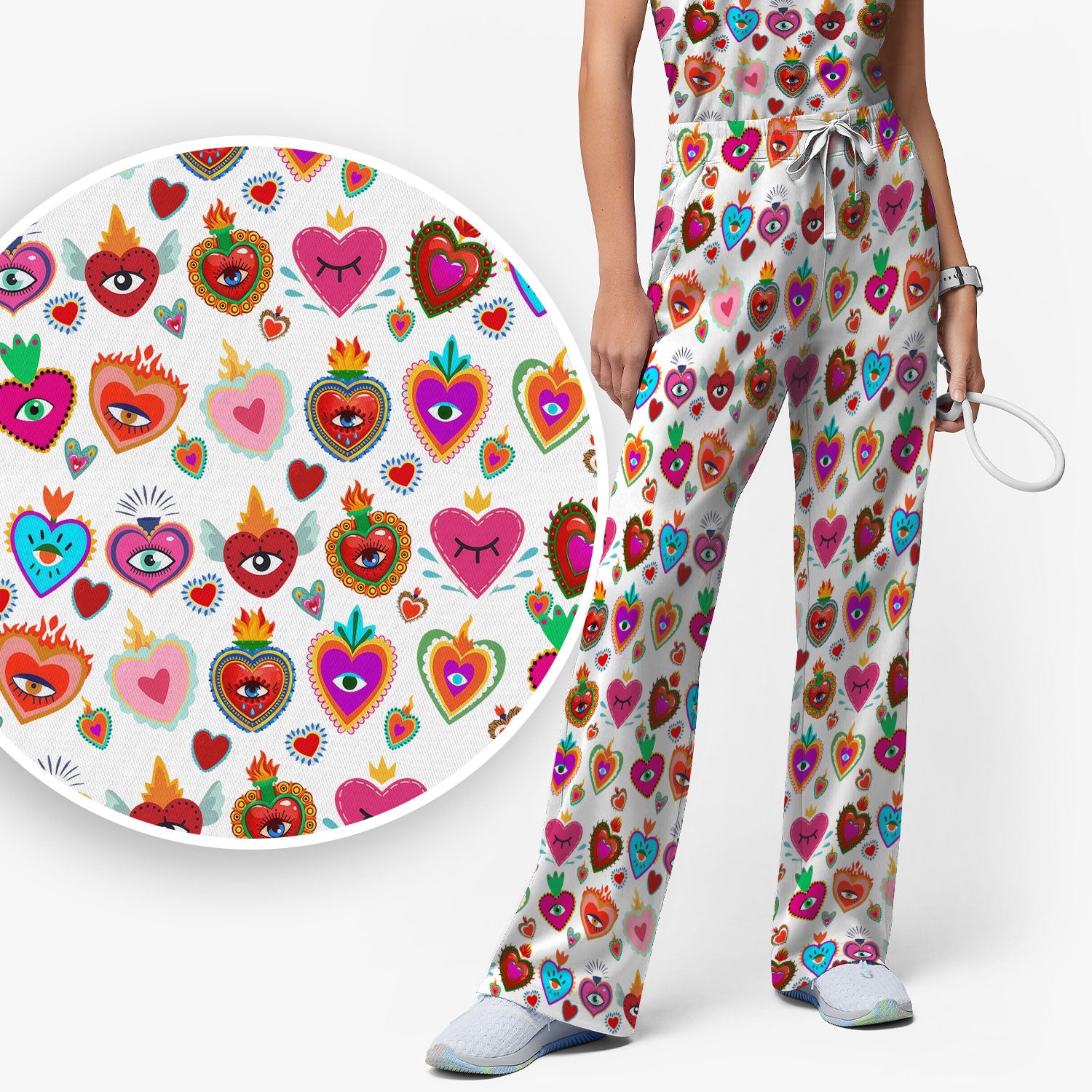 Valentine Colorful Sacred Heart Print Women's Scrub Set, Scrub Pants and V Neck Top