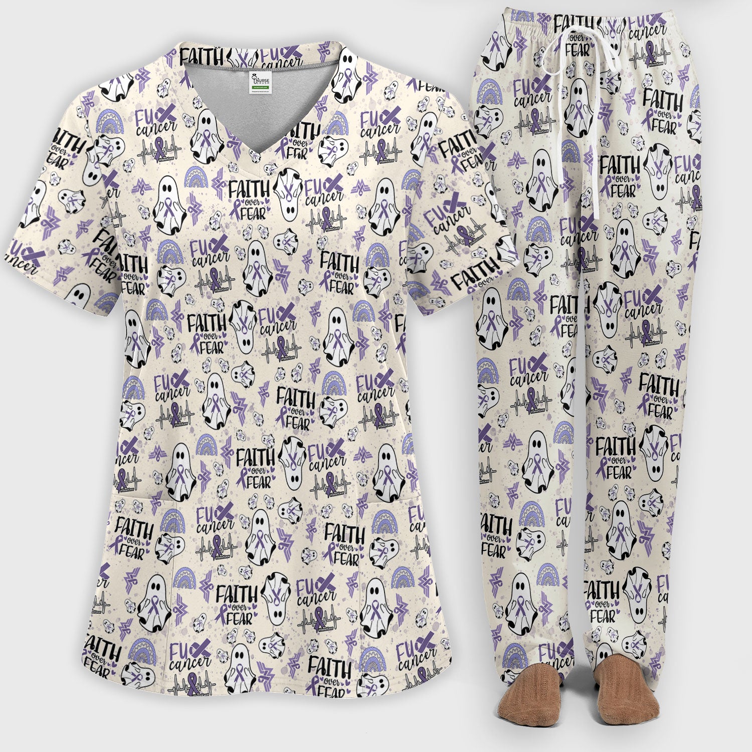 Periwinkle Ribbon Stomach Cancer Scrub Set for Women - Awareness Nurse Scrub Pants and V Neck Top - November Warrior Survivor Gift