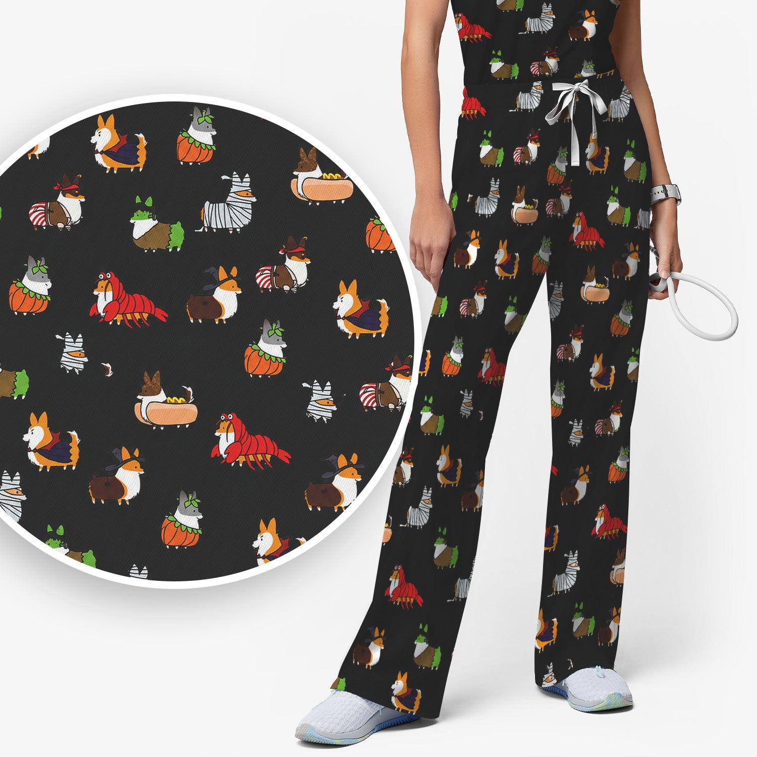 Cute Halloween Costume Corgis Scrub Set, Scrub Pants and V Neck Top