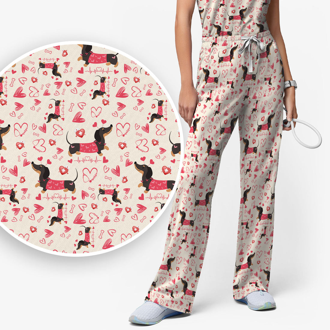 Dachshund Valentine Scrub Set, Cute Wiener Dog Heart Pattern Nurse Shirt, Breathable Fabrics Nursing Uniform