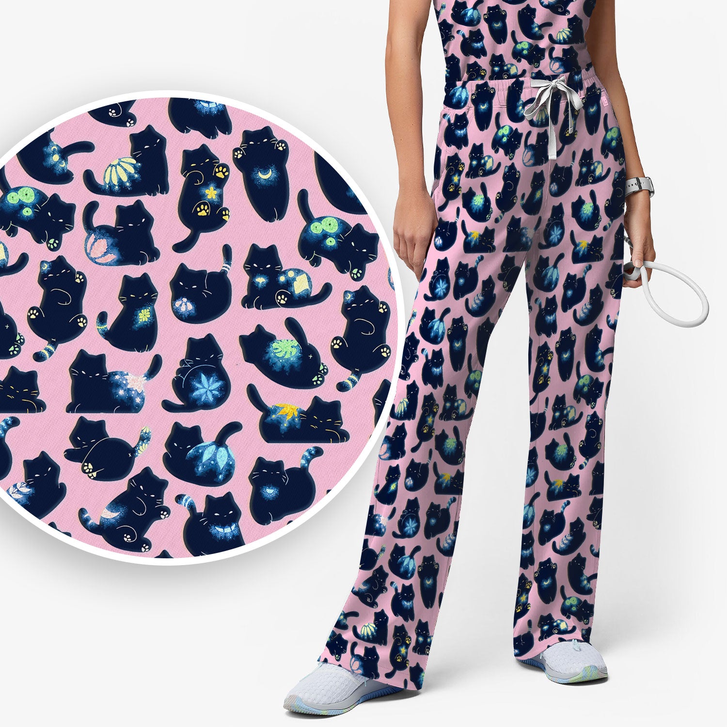 Midnight Cat Scrub Set, Black Cat Pattern Nurse Shirt, Breathable Fabrics Nursing Uniform