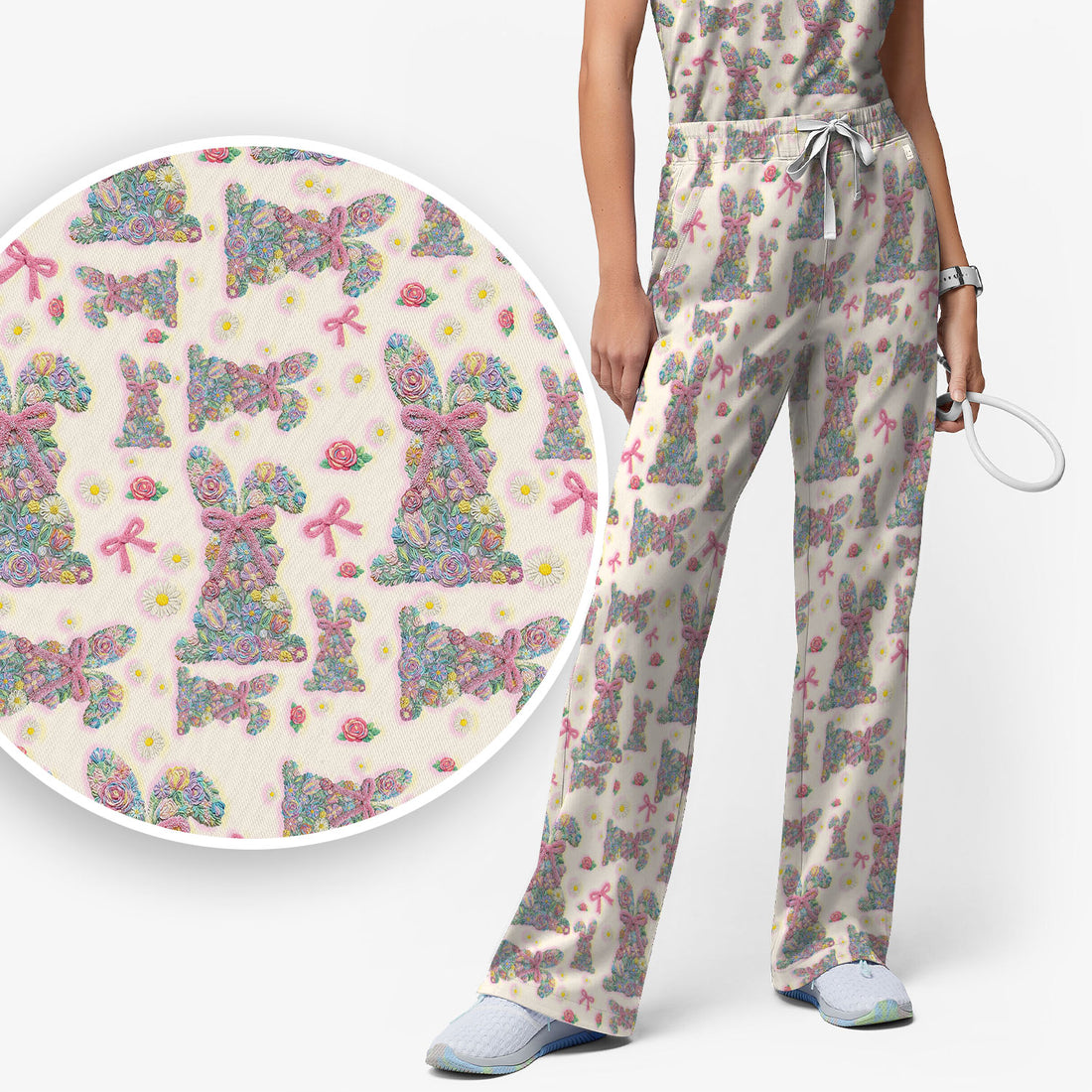 Colorful Floral Bunny with Pink Bow Pattern Scrub Set, Breathable Med Uniform