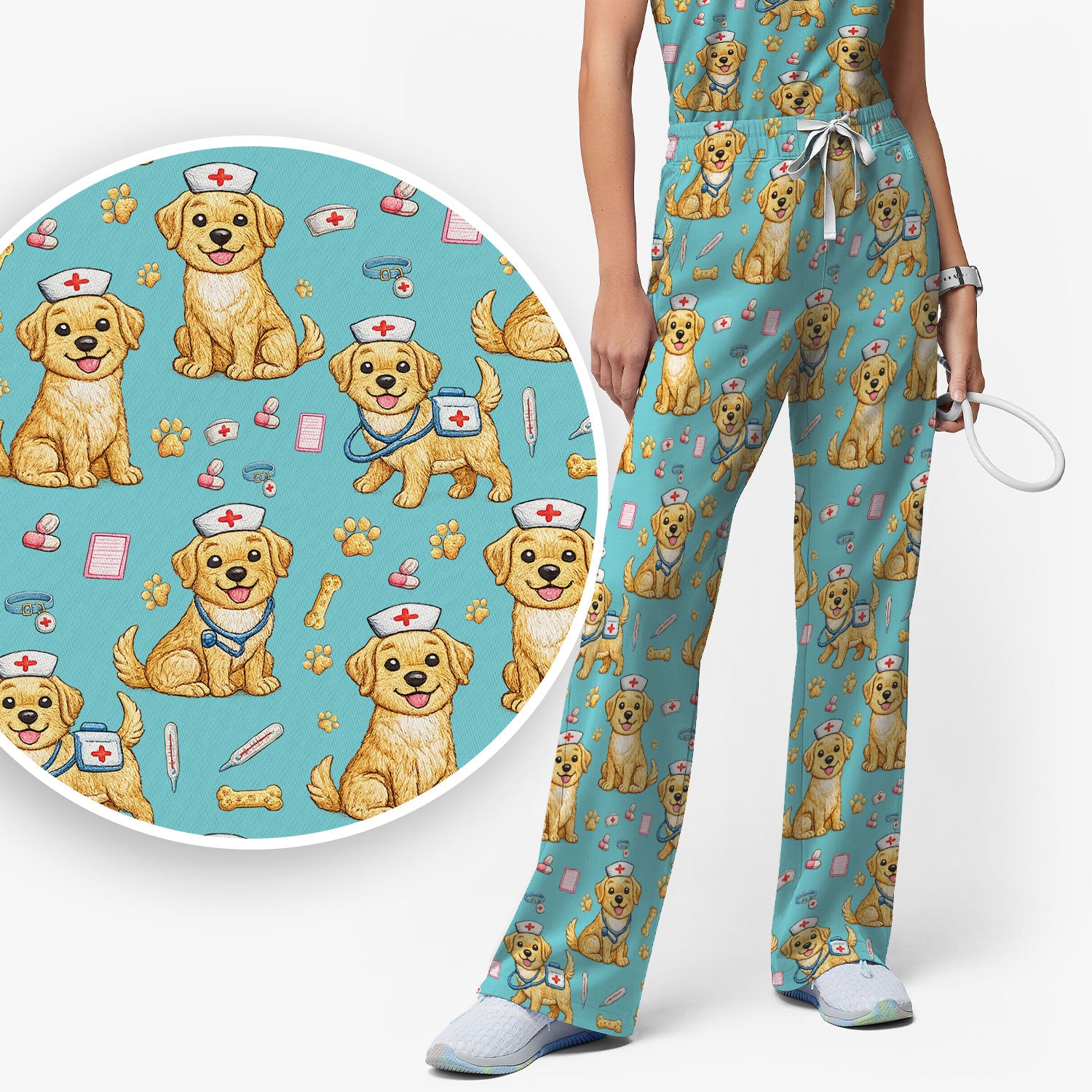 Cute Puppy Nurse Medical Print Women’s Scrub Set, Scrub Pants and V Neck Top