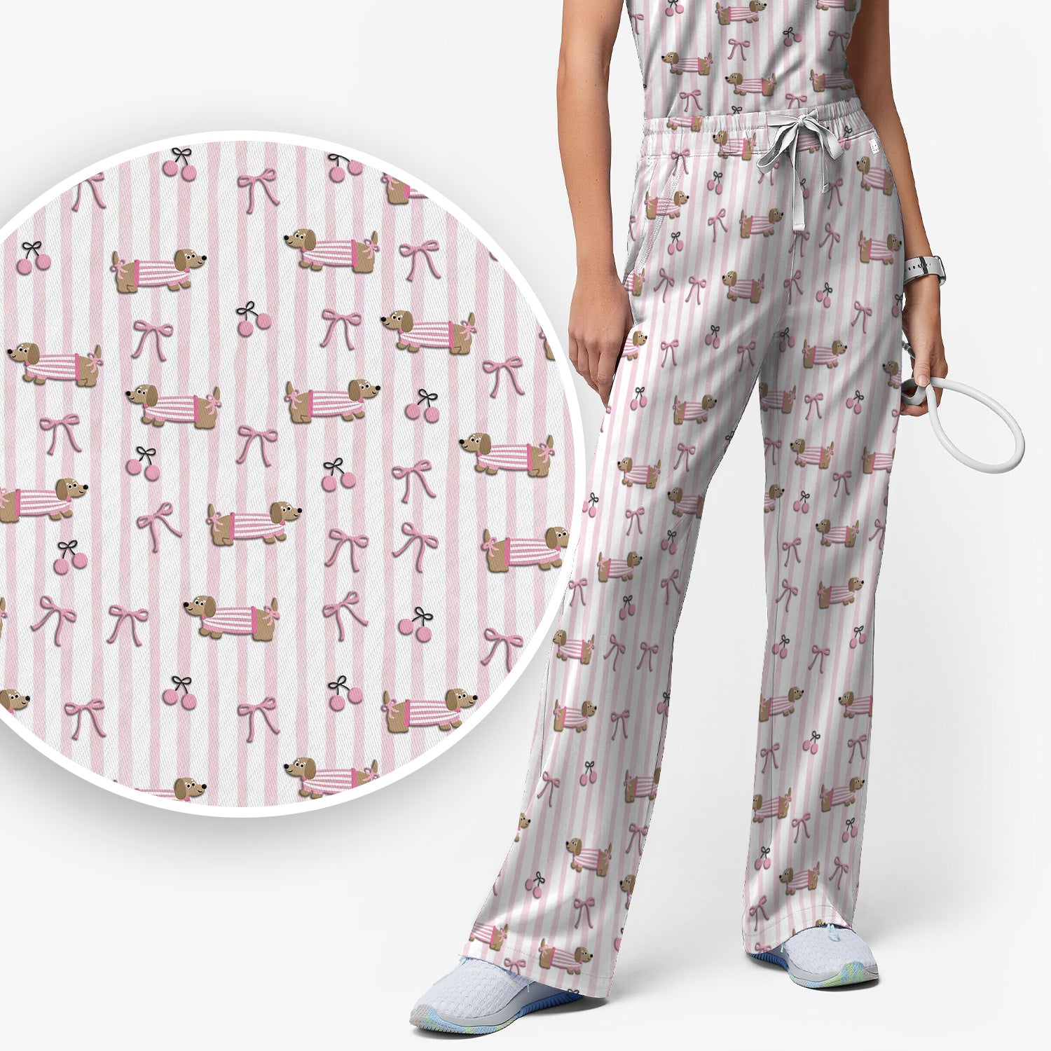 Cute Dachshund Pink Stripe Pattern Scrub Set, Women's Scrub Sets