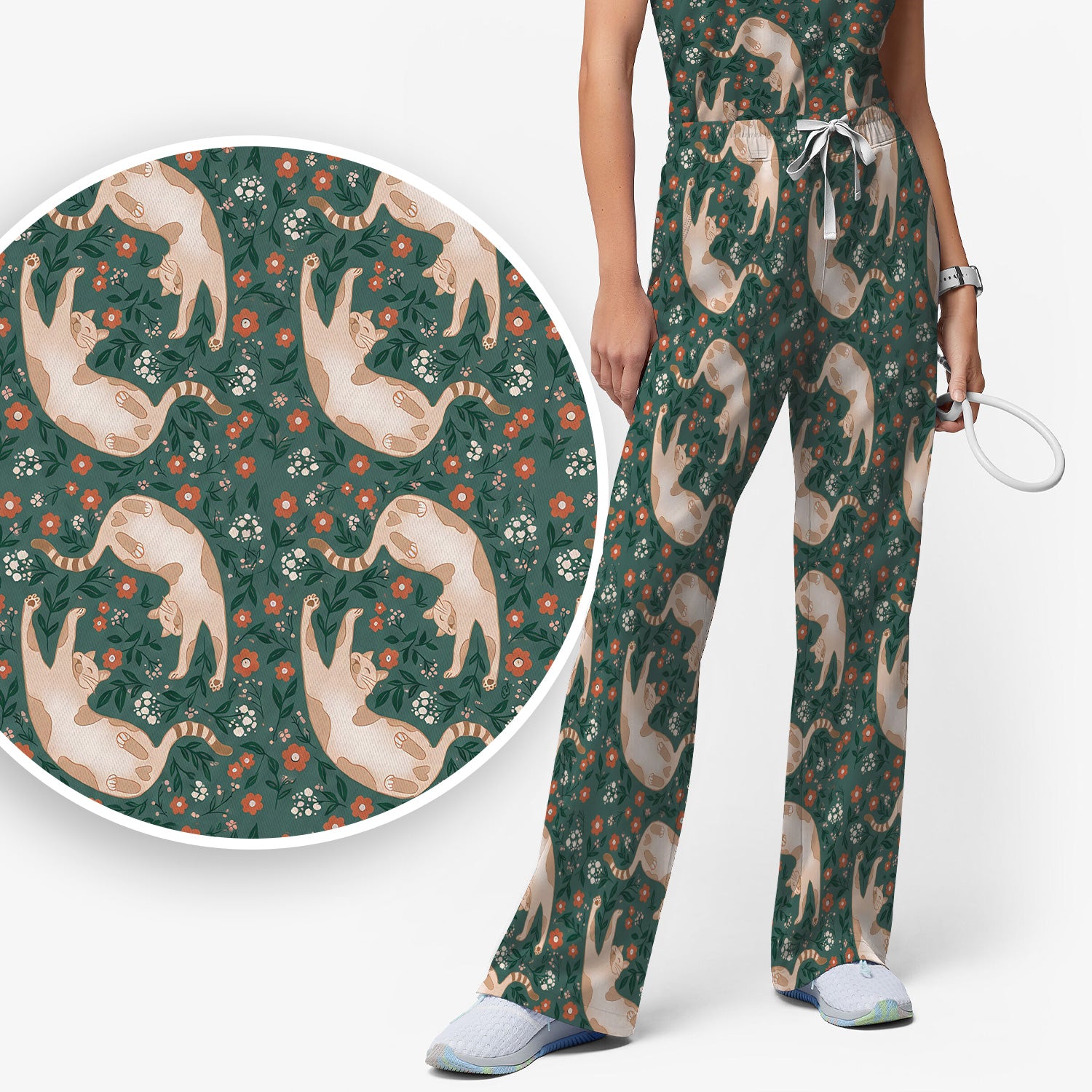 Glowing Blue Butterfly Garden Pattern Scrub Set, Scrub Pants and V Neck Top