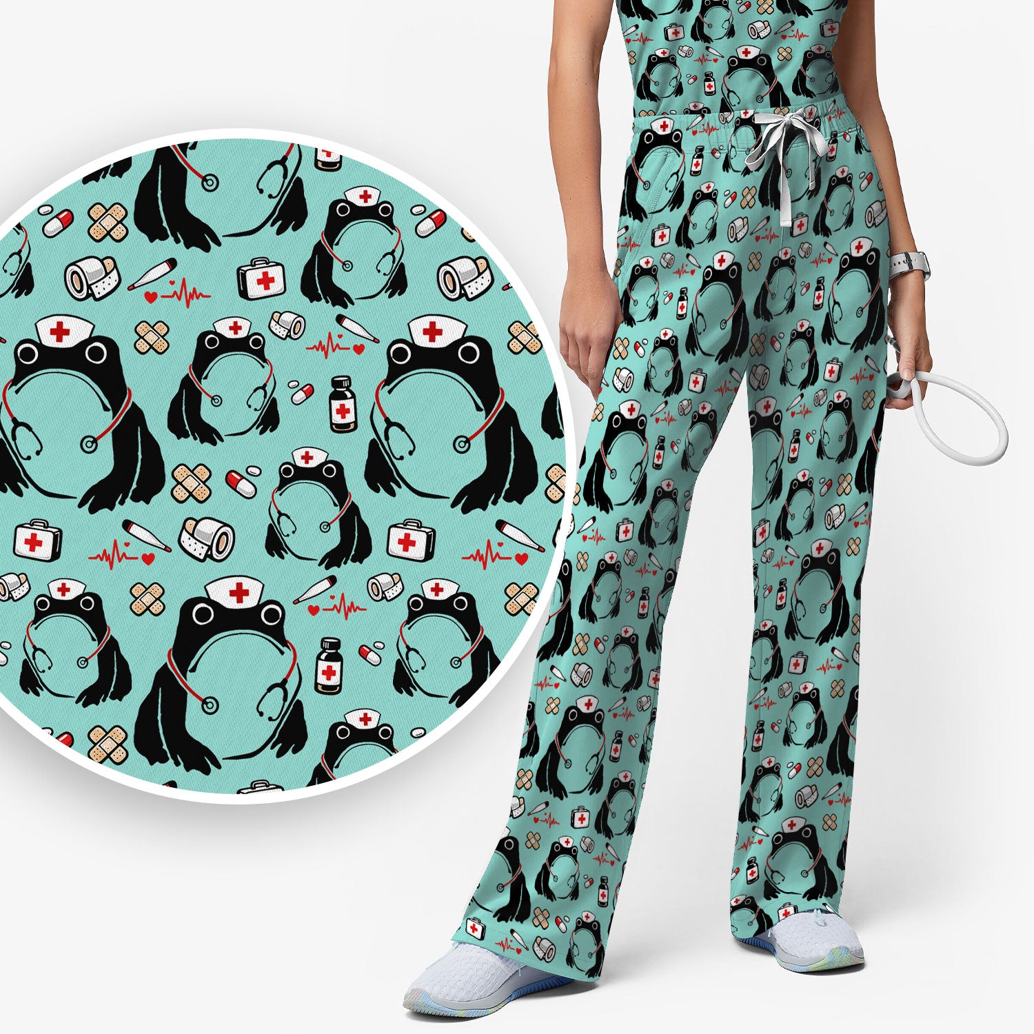 Cute Frog Nurse Medical Pattern Scrub Set, Breathable Med Uniform