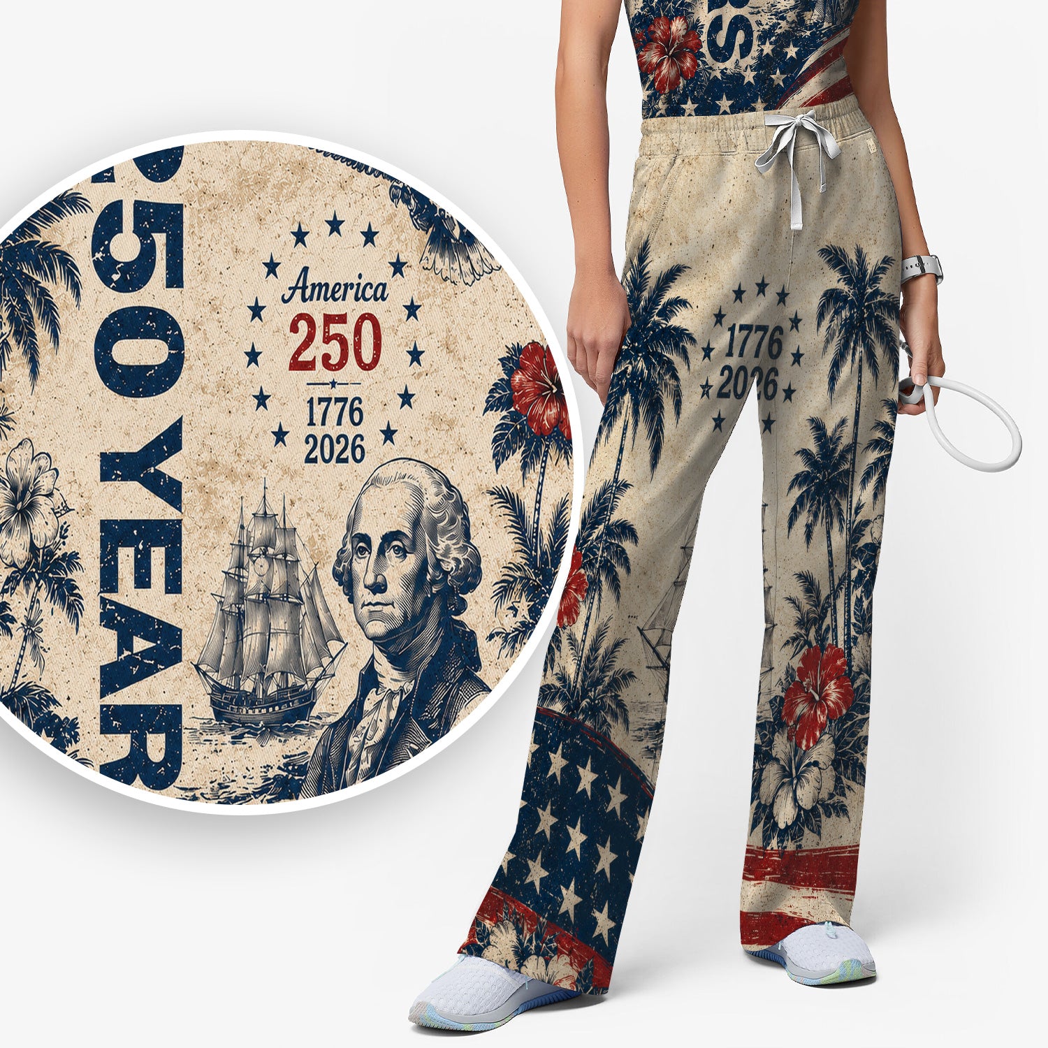 America 250 Freedom Print Scrub Set, Scrub Pants and V Neck Top