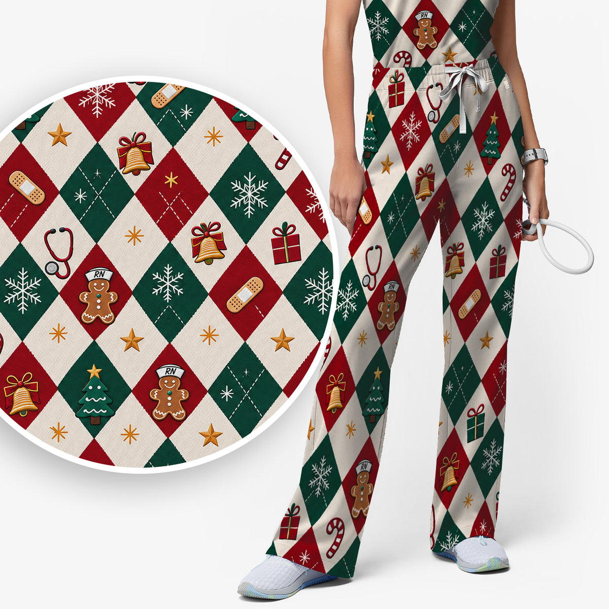 Christmas Gingerbread Nurse Argyle Scrub Set, Scrub Pants and V Neck Top