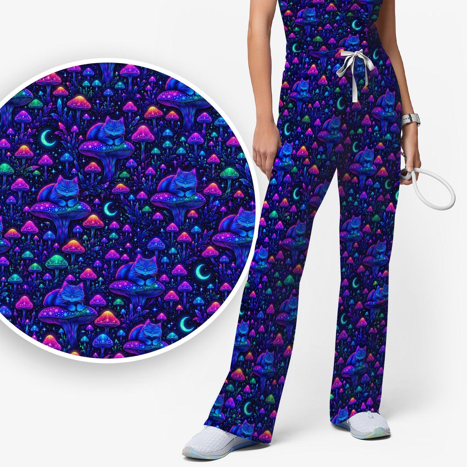 Neon Mushroom Cat Galaxy Pattern Scrub Set, Scrub Pants and V Neck Top