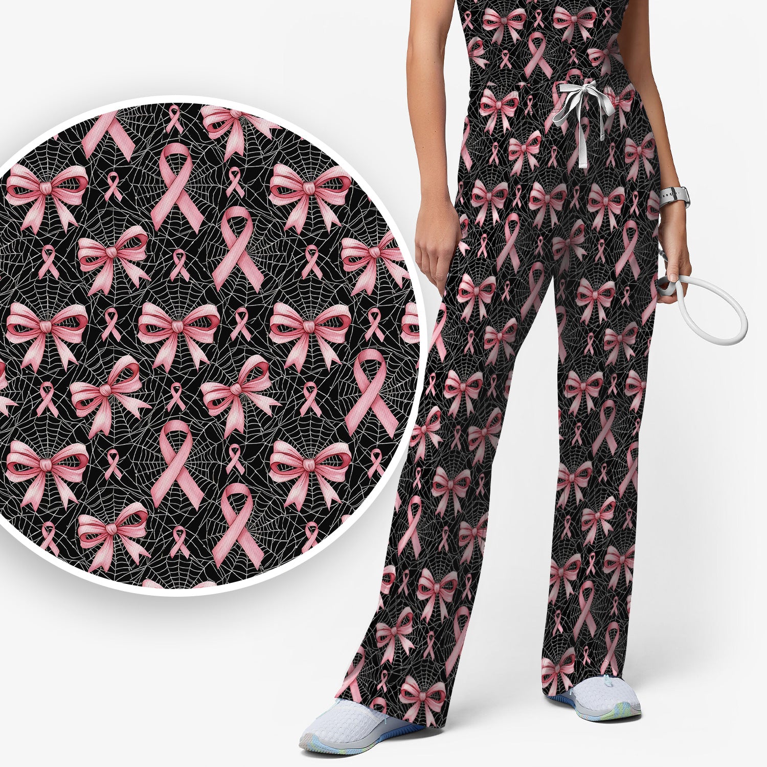 Pink Ribbon Pattern Scrub Set, Scrub Pants and V Neck Top