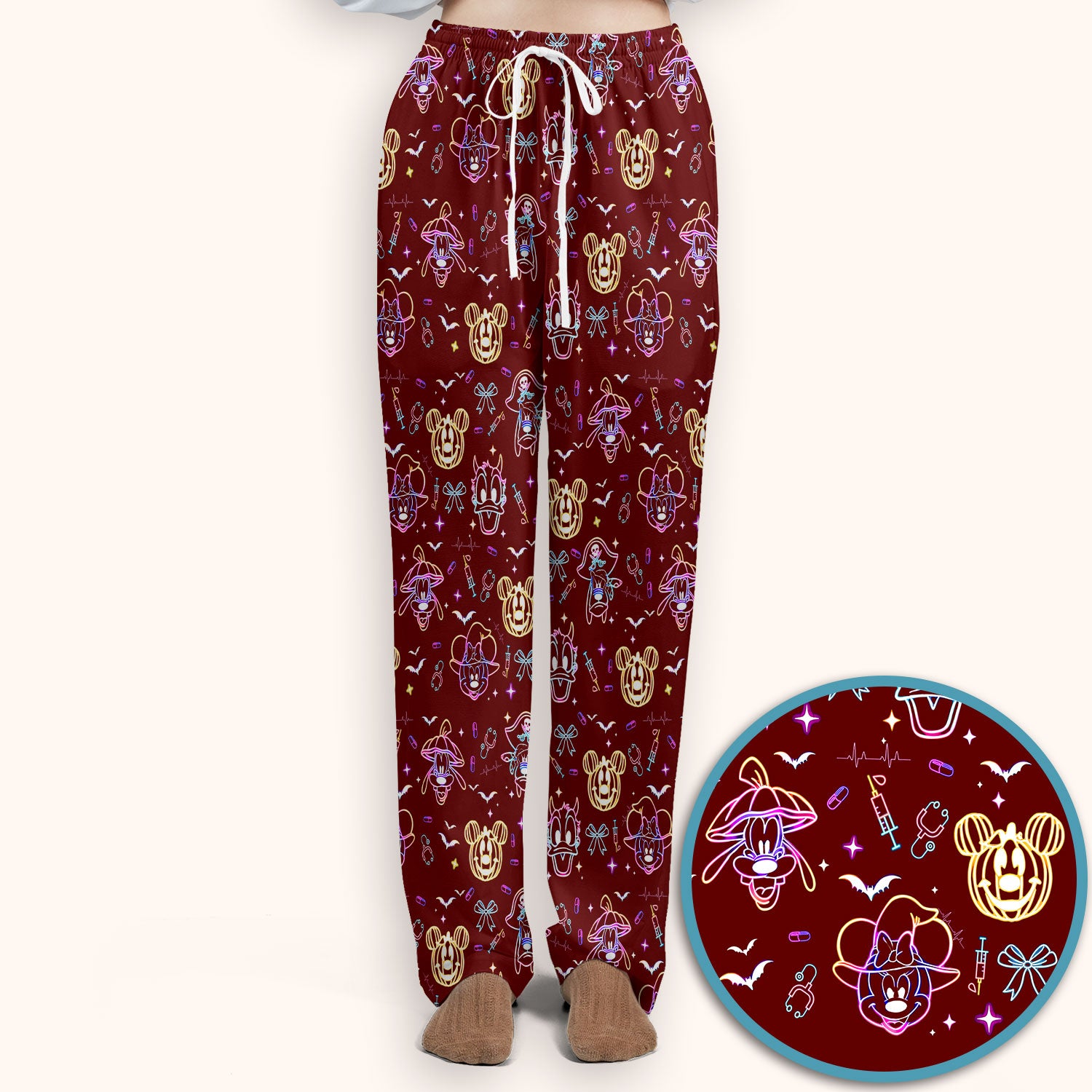 Neon Mouse Halloween Scrub Set for Nurses - Spooky Faces and Scary Pumpkin Scrub Pants and V Neck Shirt - Funny Med Uniform