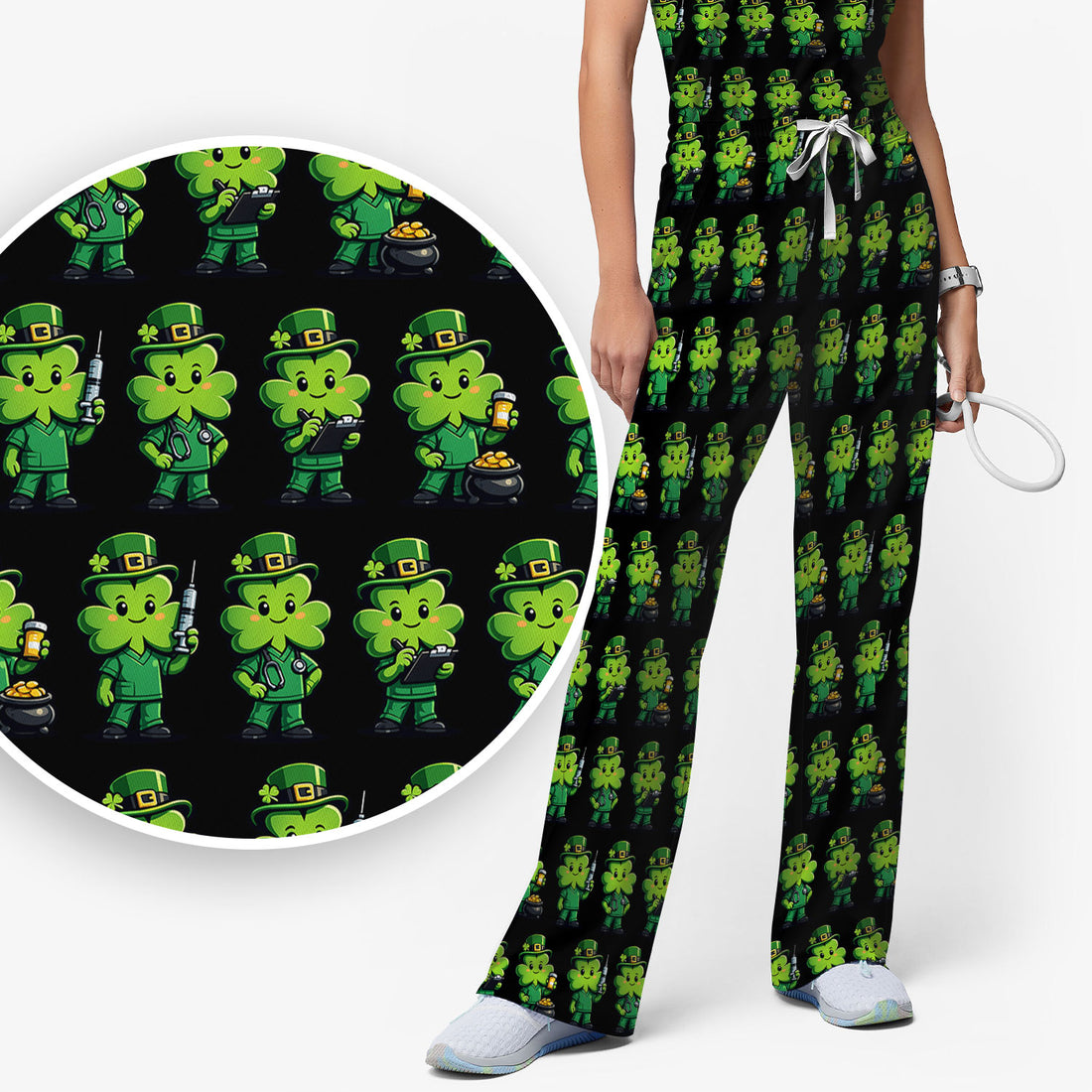 St Patrick Leprechaun Nurse Print Women's Scrub Set, Scrub Pants and V Neck Top