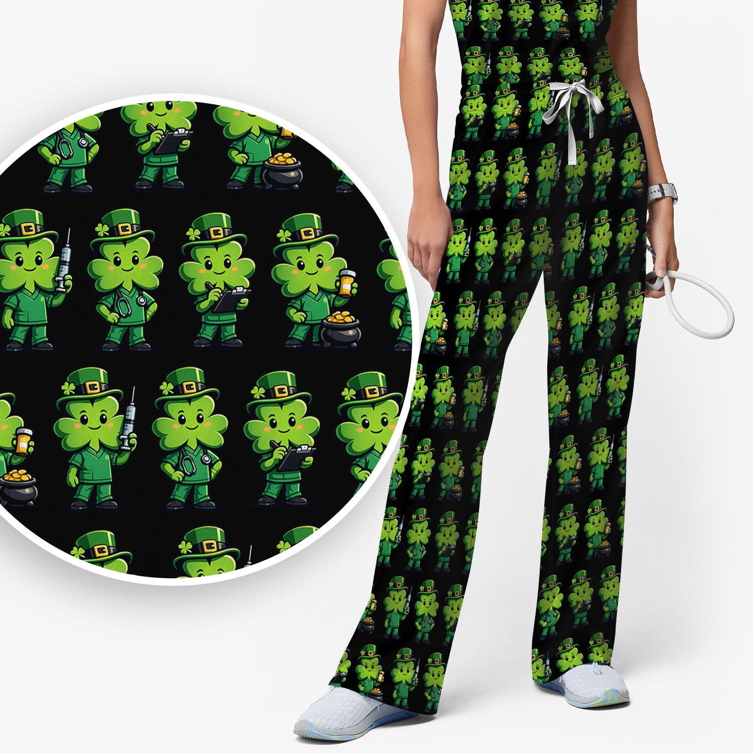 St Patrick Leprechaun Nurse Print Women's Scrub Set, Scrub Pants and V Neck Top