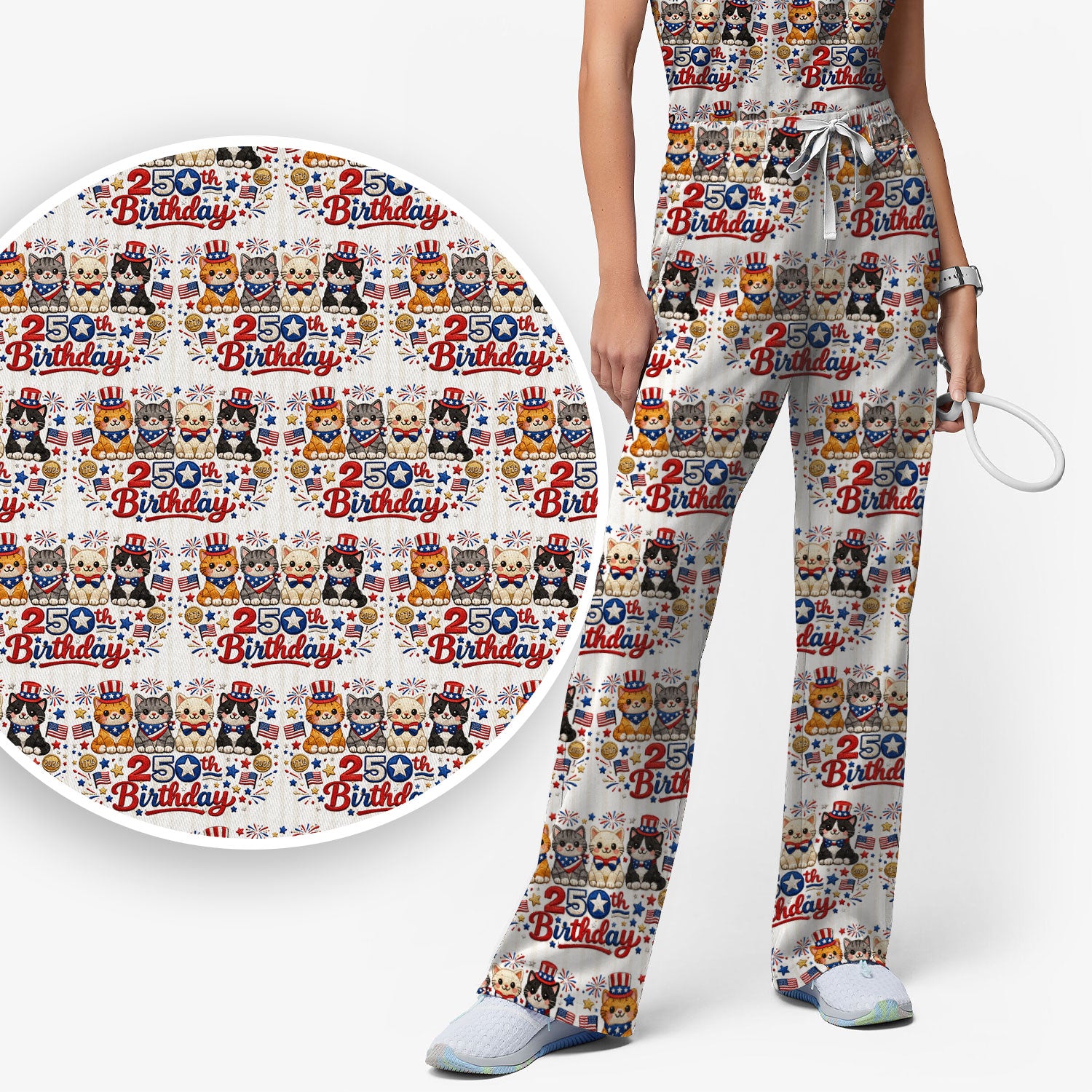 America 250th Anniversary Cat Pattern Scrub Set, Scrub Pants and V Neck Top