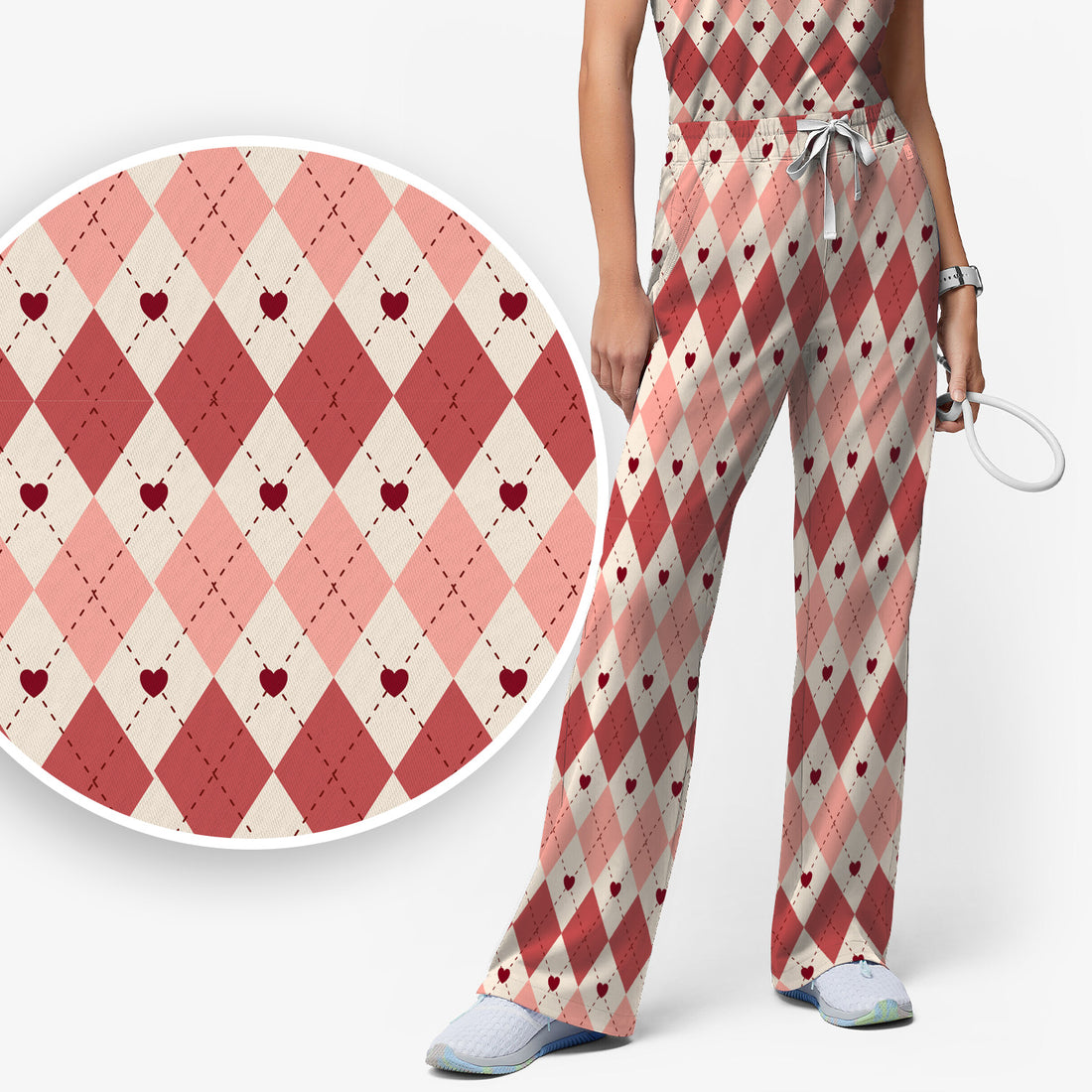 Red Argyle Plaid Pattern Scrubs Sets, Scrub Pants and V Neck Top