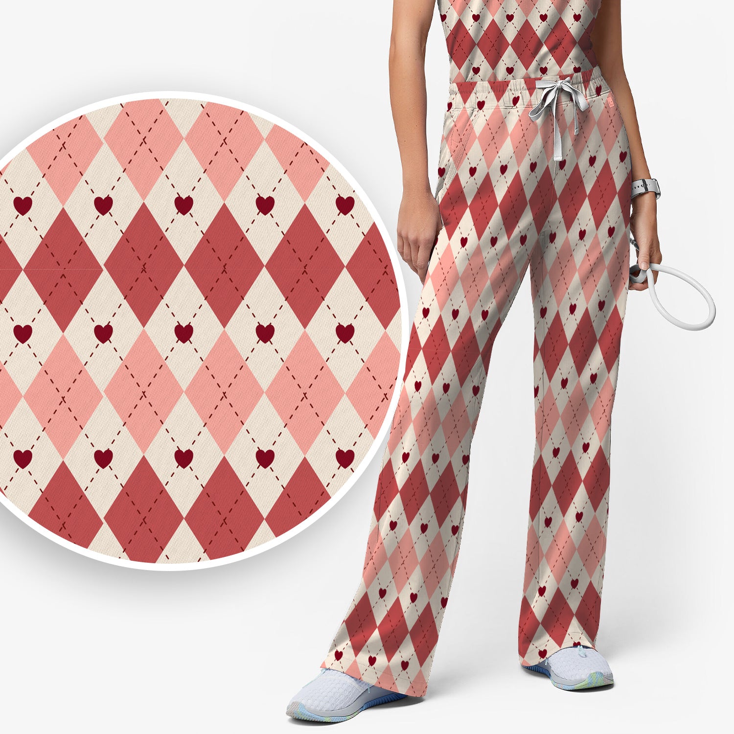 Red Argyle Plaid Pattern Scrubs Sets, Scrub Pants and V Neck Top