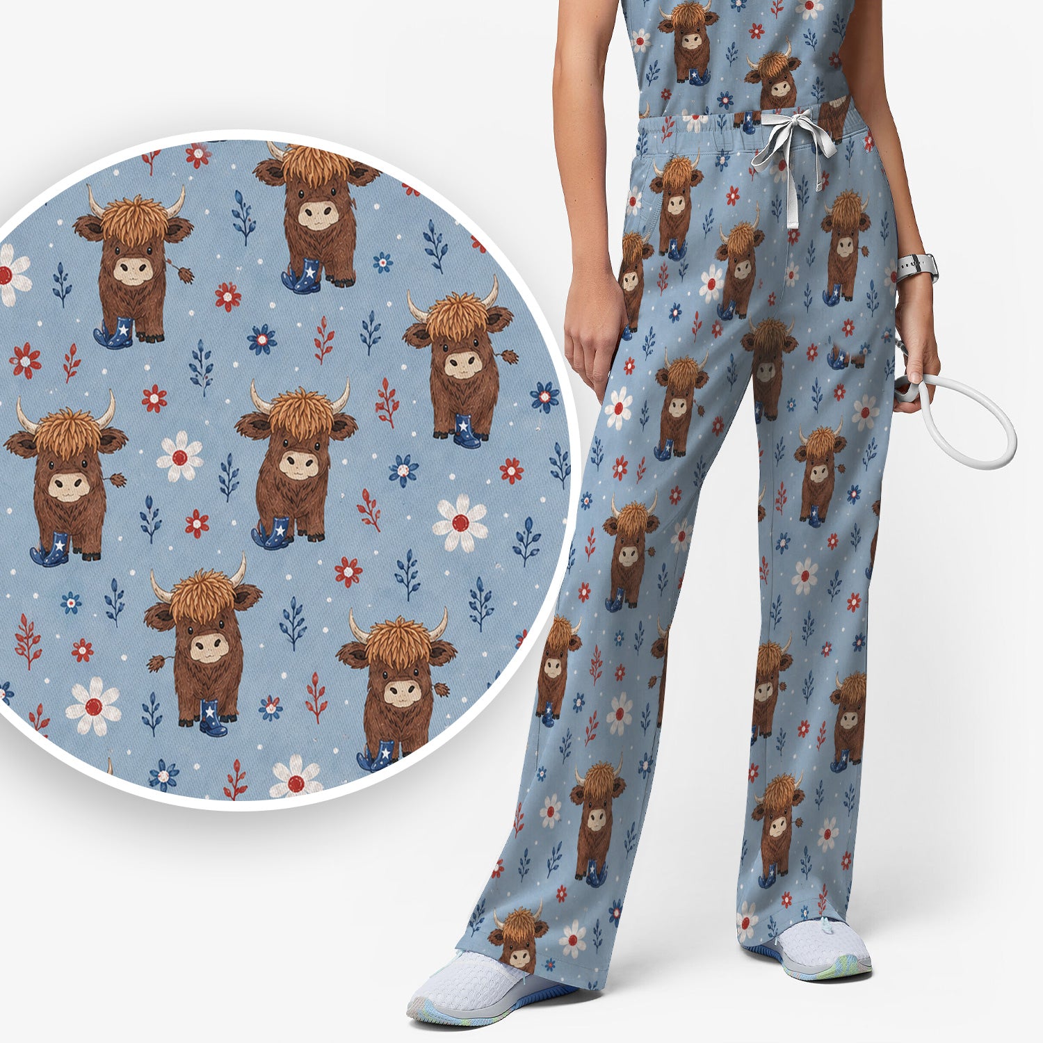 Floral Cowboy Boots Pattern Scrub Set, Scrub Pants and V Neck Top