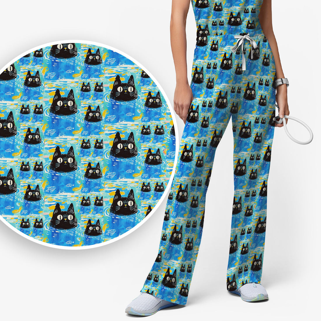 Black Cat Swimming In Blue Water Pattern Scrub Set, Scrub Pants and V Neck Top