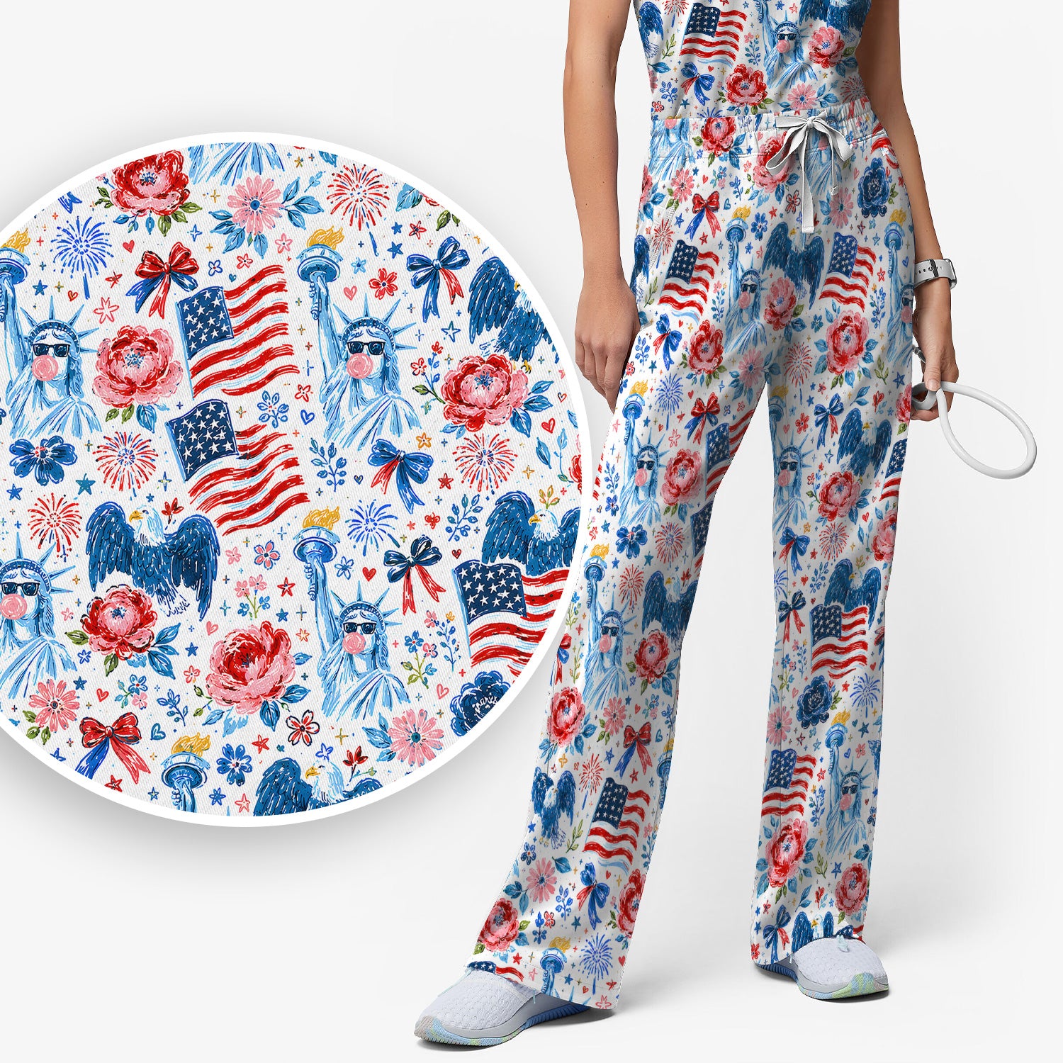 Patriotic Liberty Nurse Pattern Scrub Set, Scrub Pants and V Neck Top