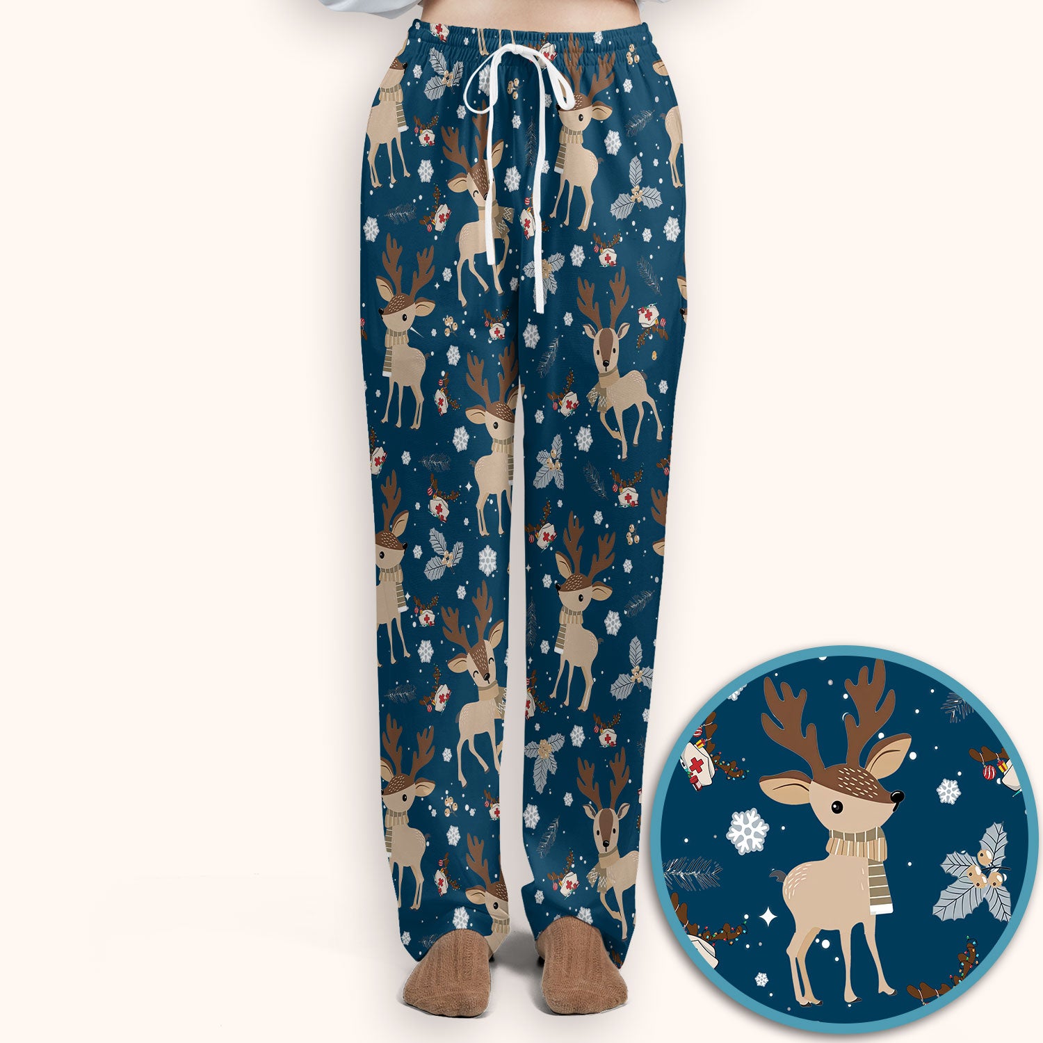 Reindeer Christmas Scrub Set - Cozy Beige Holiday Nurse Shirt with Cute Deer Pattern - Festive Medical Scrubs Pants and V Neck Top