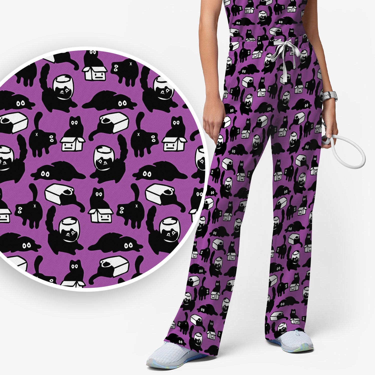 Dark Playful Cat Cartoon Pattern Scrub Set, Breathable Med Uniform