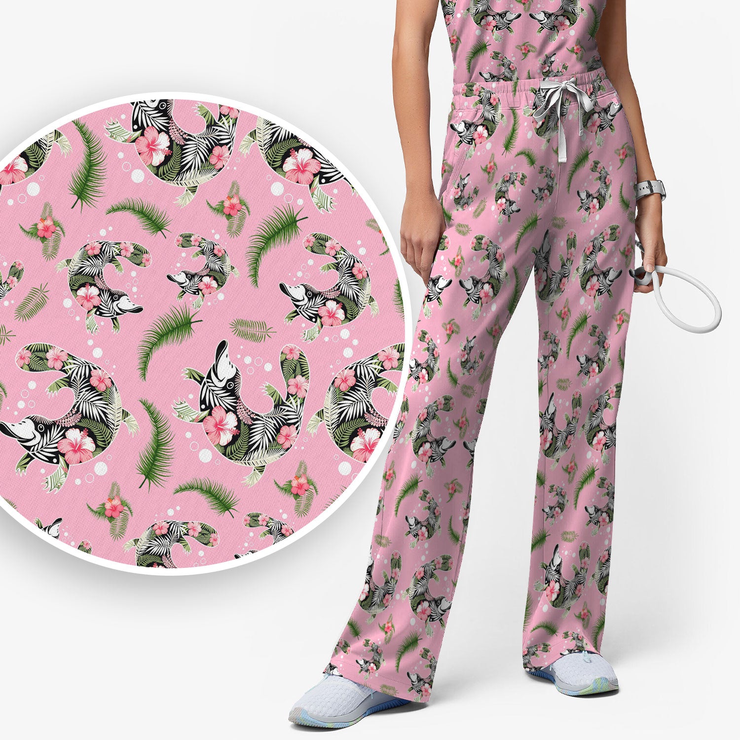 Cute Platypus Scrub Set, Tropical Floral Animal Pattern Nurse Shirt, Breathable Fabrics Nursing Uniform