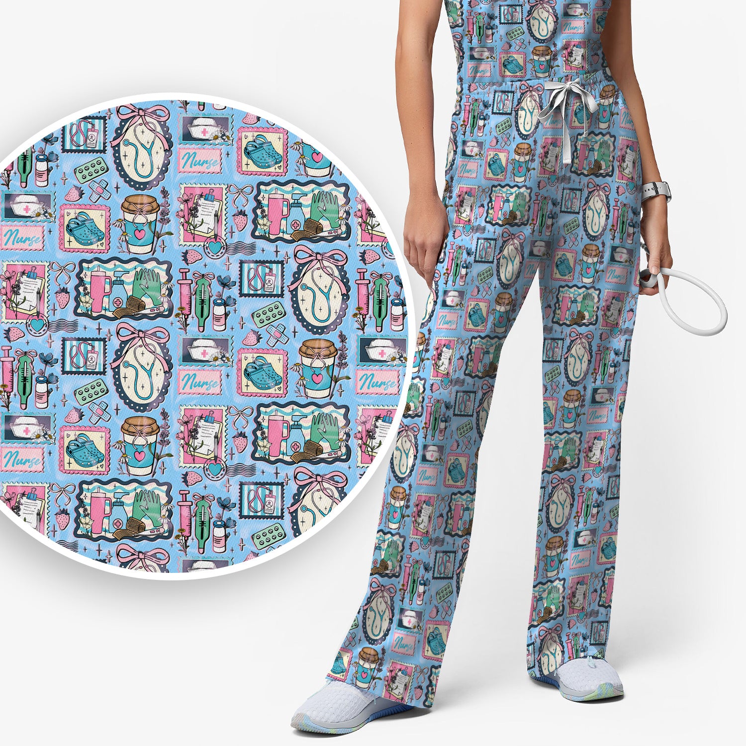 Medical Tools Stethoscope Syringe Frame Scrub Top, Breathable Fabrics Nursing Uniform