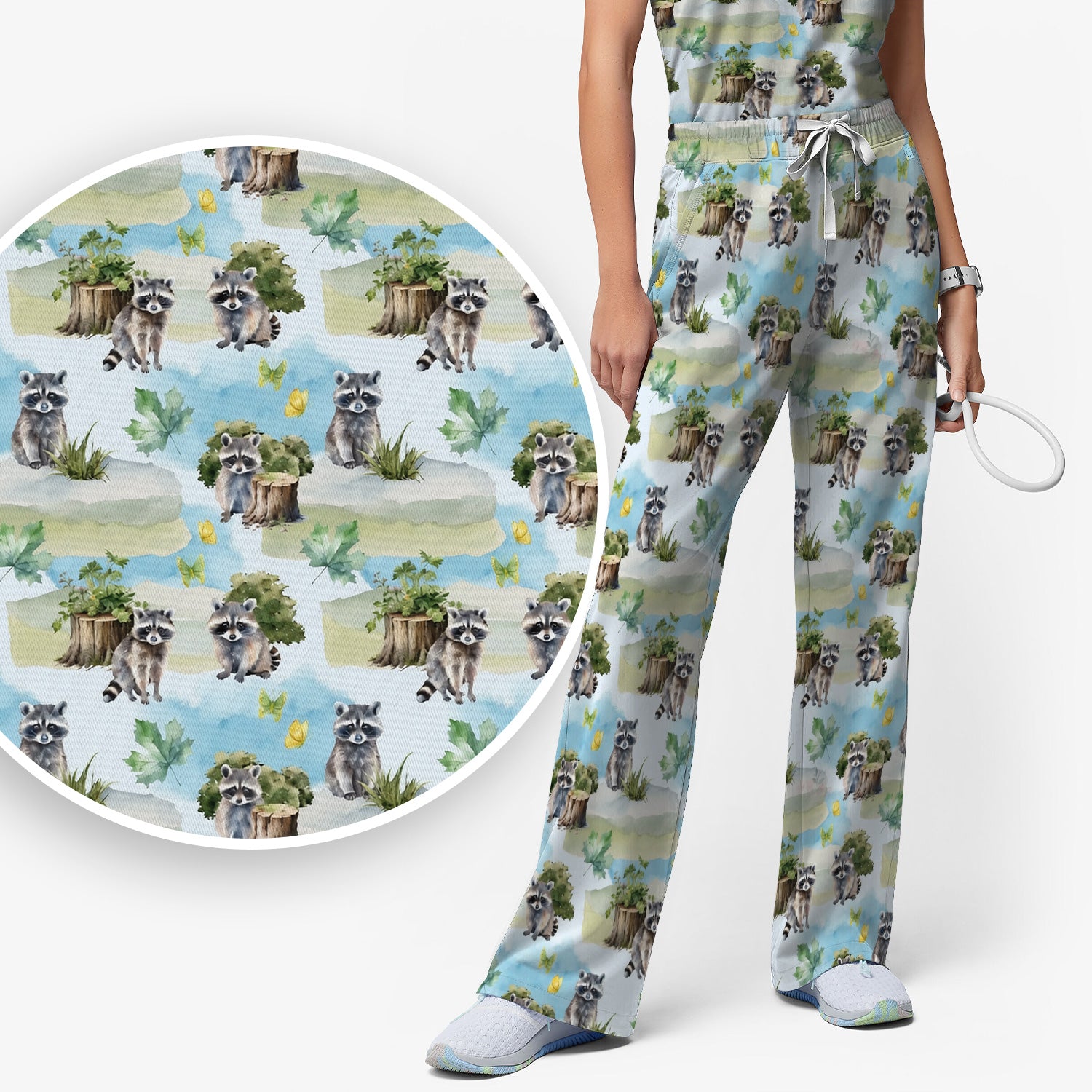 Cute Raccoon Woodland Print Scrub Set, Scrub Pants and V Neck Top