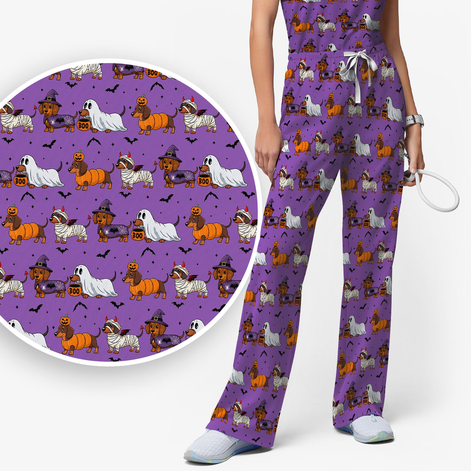 Halloween Dachshund for Veterinary Staff Scrub Set, Scrub Pants and V Neck Top