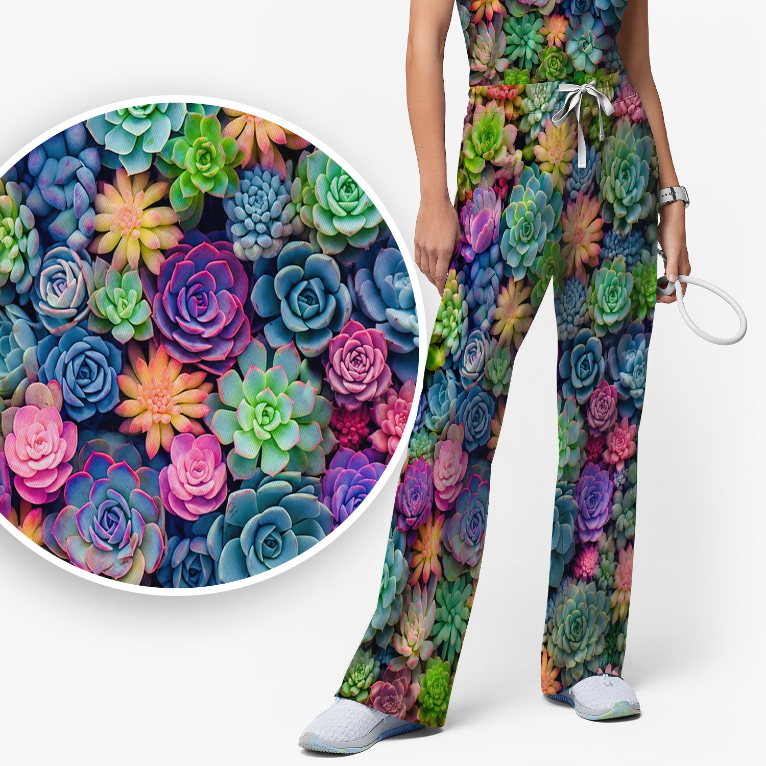 Cute Nurse Scrub Top Boho Succulent Flower Pattern Scrub Set, Scrub Pants and V Neck Top