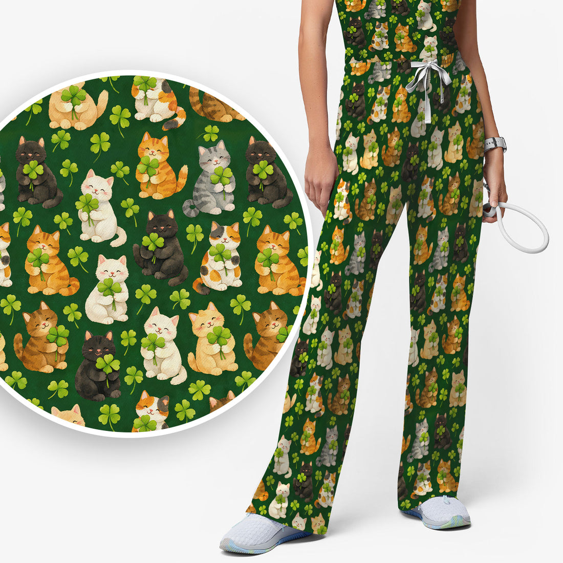 Funny St. Patrick’s Black Cat Nurse Scrub Set, Comfortable Uniform Scrubs For Nursing