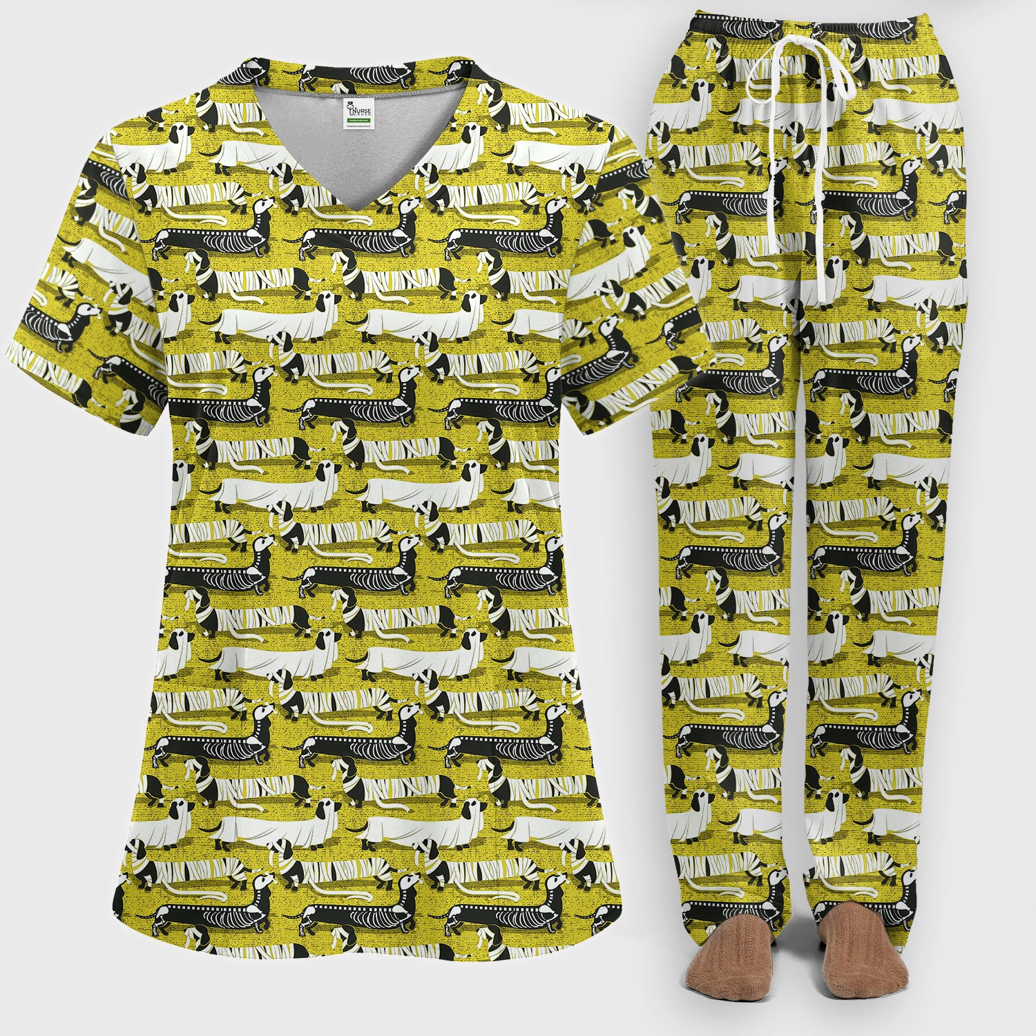 Halloween Scrub Set for Women - Spooky Dachshund Skeleton Med Uniform - Comfortable Nursing Pants - Ugly Sweater for Pet Lover