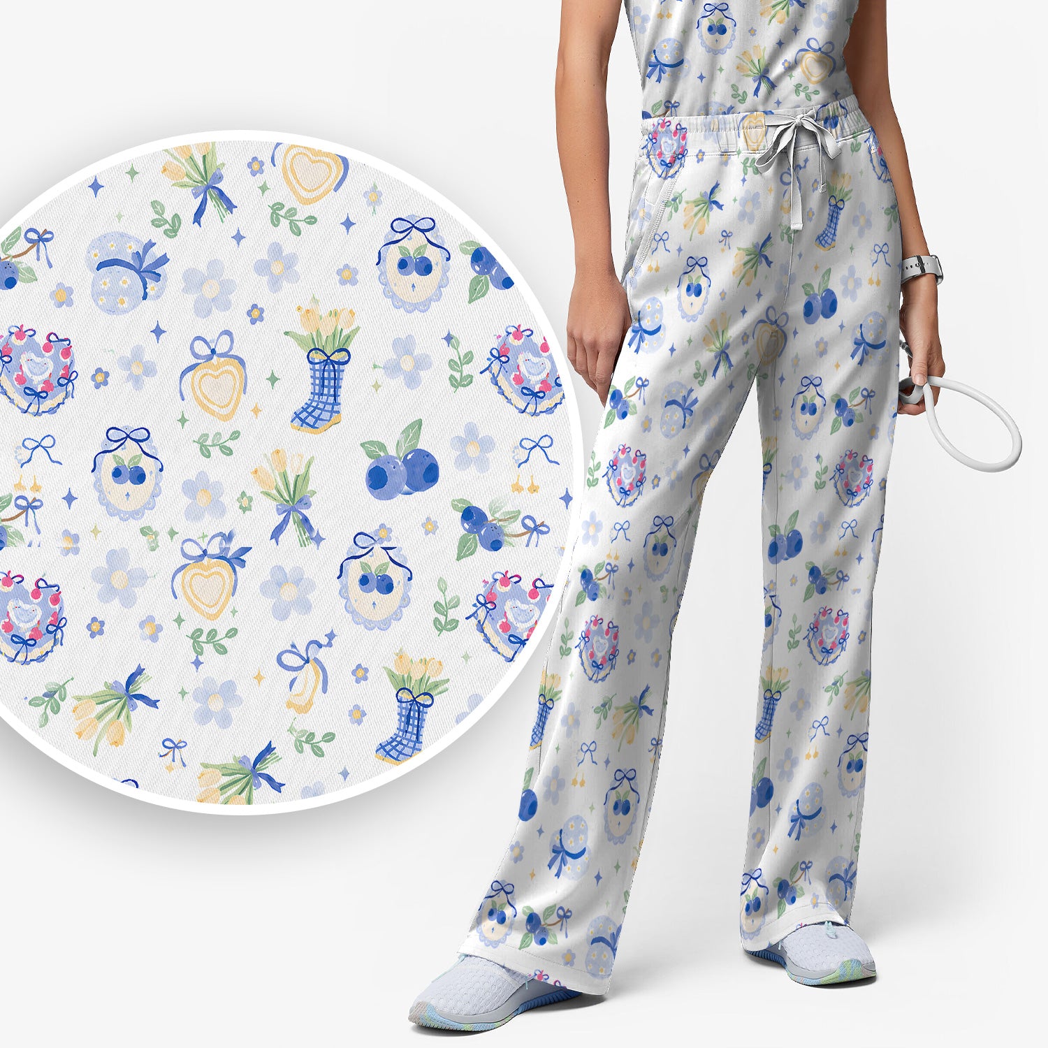 Cute Blueberry Bow Print Scrub Set, Scrub Pants and V Neck Top