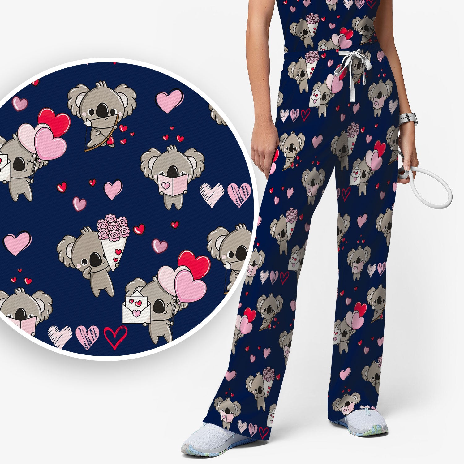 Valentine Koala Holding Flowers Cute Print Scrub, Women's Scrub Sets