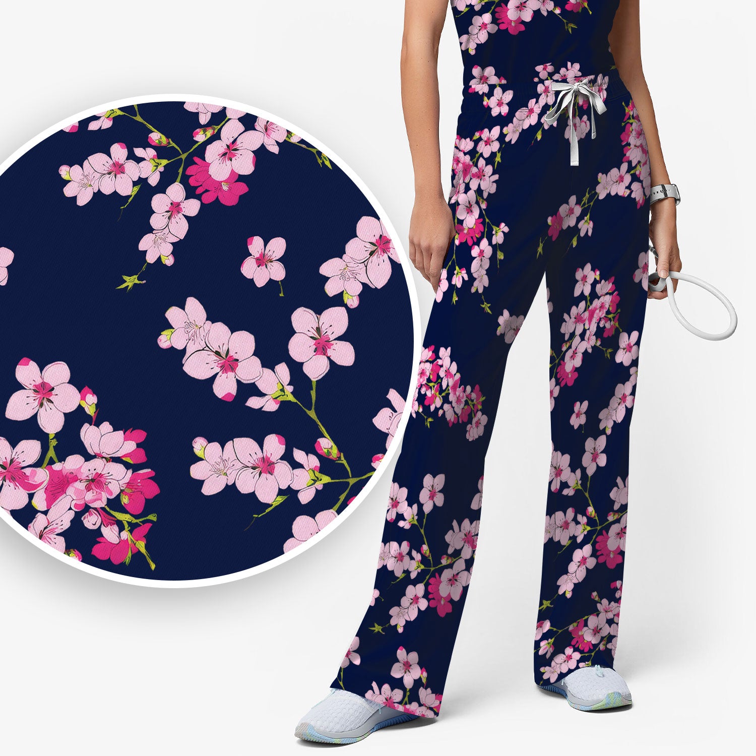 Elegant Cherry Blossom Floral Pattern Scrub Set , Breathable Med Uniform