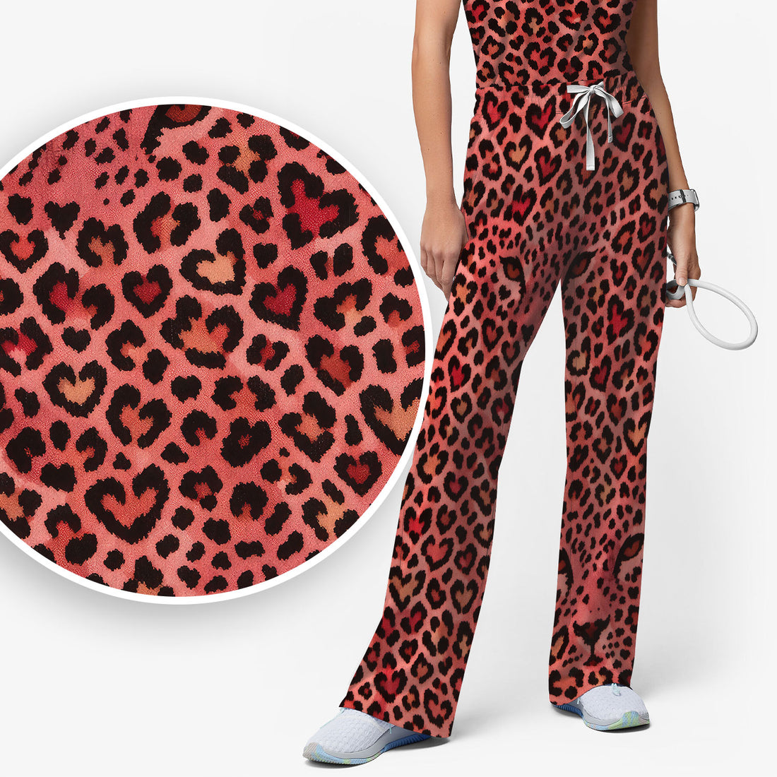 Leopard Pattern Nurse Scrub Set, Pink Medical Nurses Shirt, Breathable Fabrics Nursing Uniform