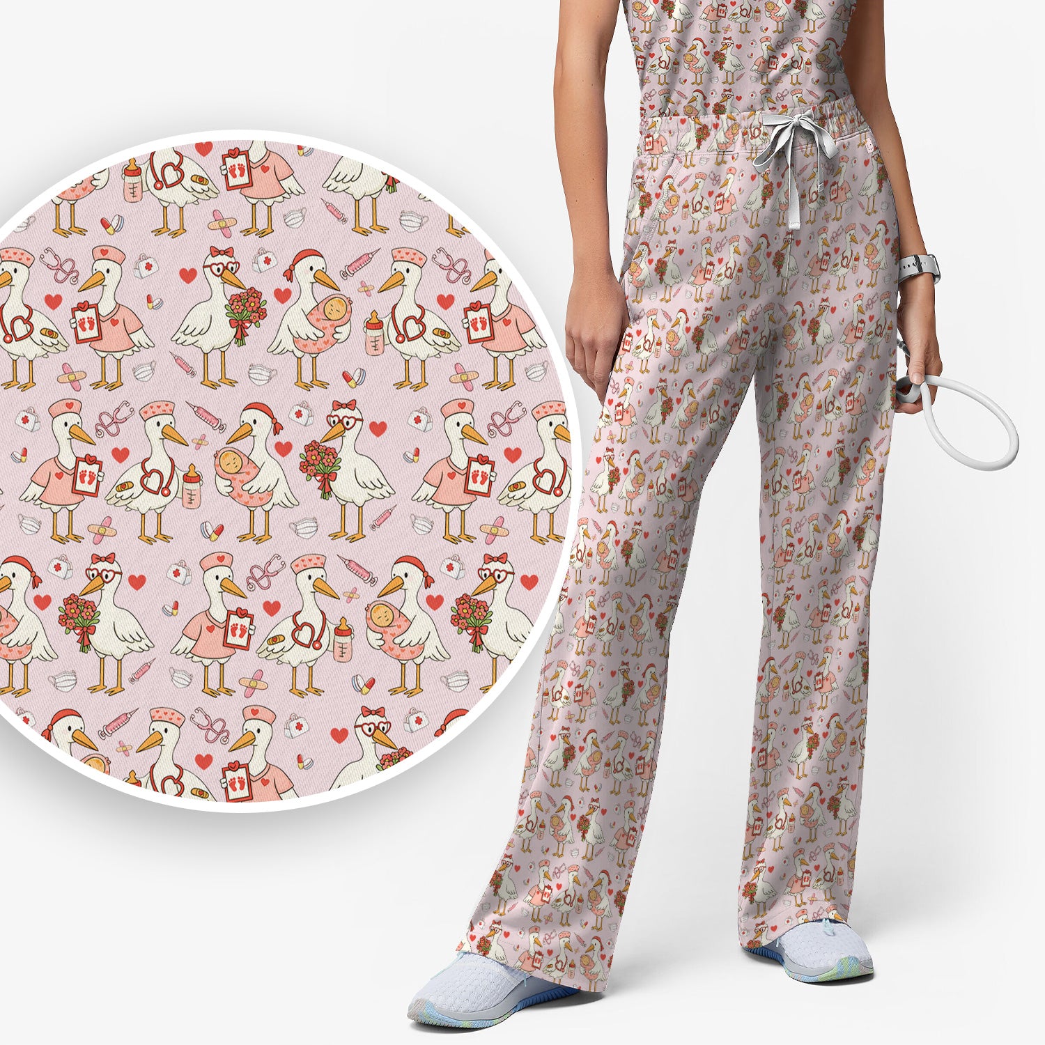 Cute Goose Nurse Valentine Print Scrub Set, Breathable Med Uniform