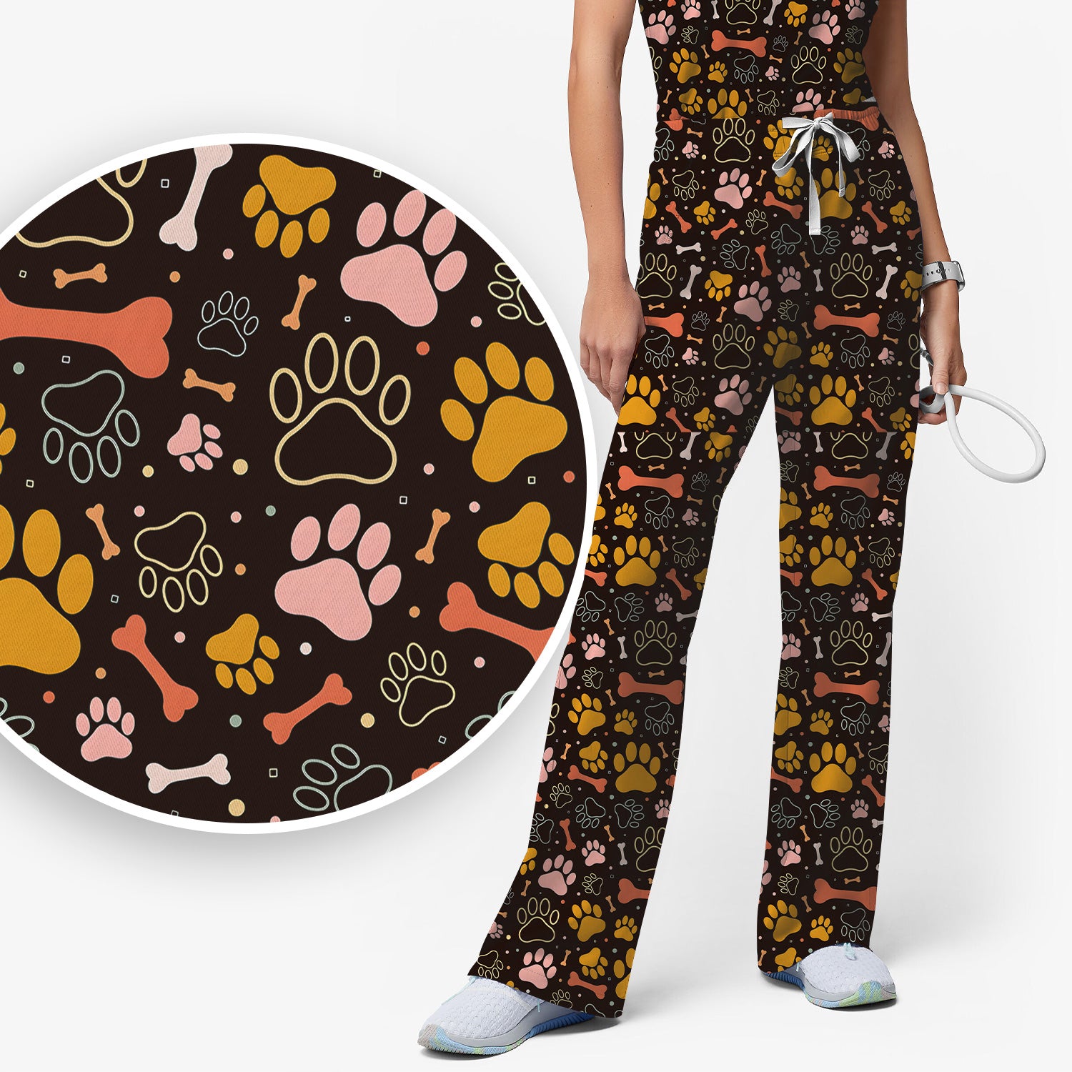 Cute Paw Print Dog Pattern Scrub Set, Breathable Med Uniform