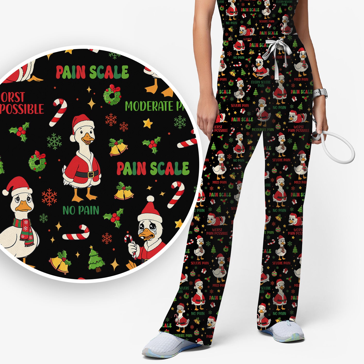 Funny Goose Christmas Scrub Set - Pain Scale Scrubs Pants and V Neck Top - Cute Holiday Medical Uniform for Women